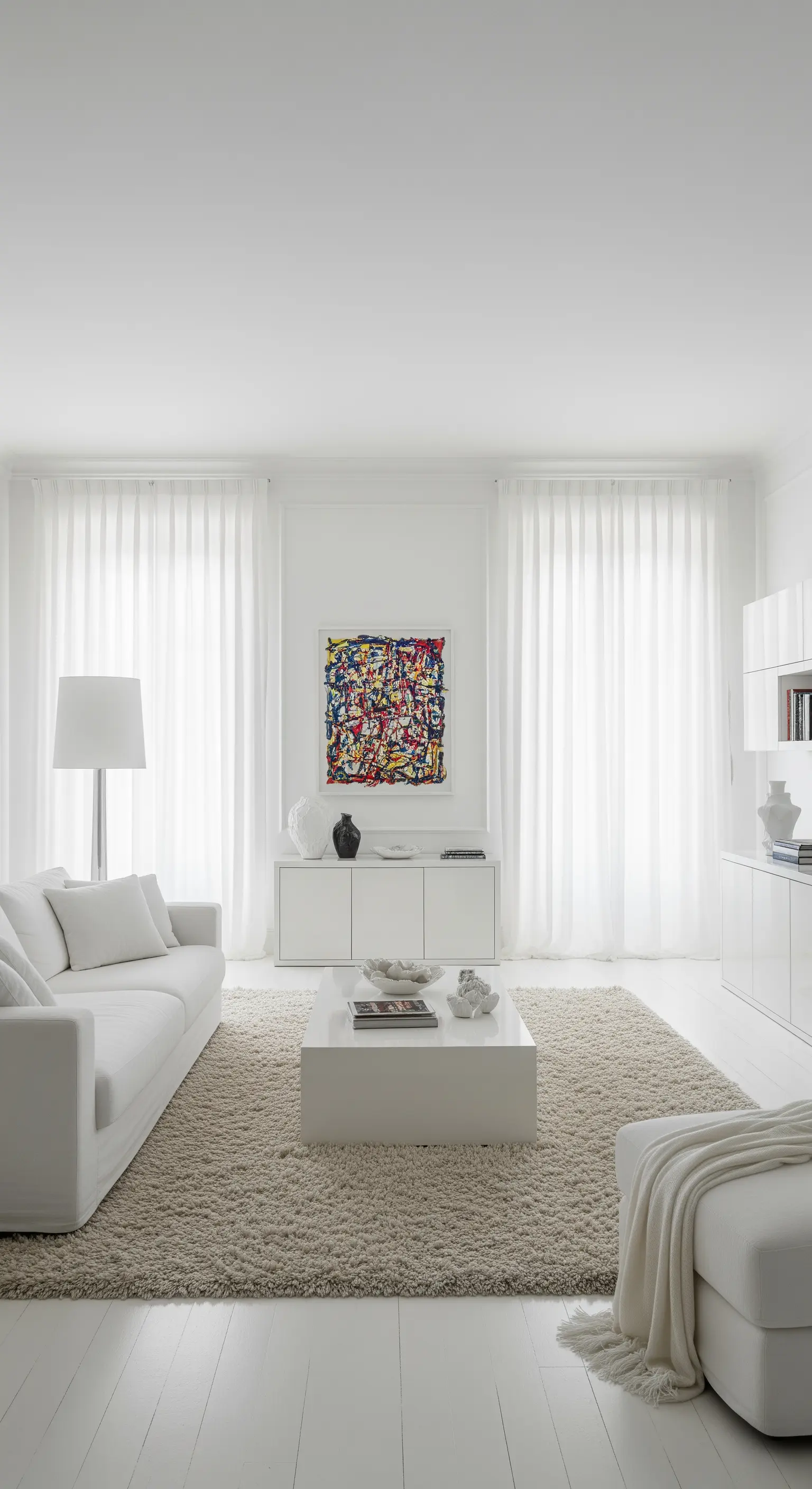 Komplett weißes Wohnzimmer mit einem sehr flauschigen, hochflorigen Teppich und weißen Stoffsofas.