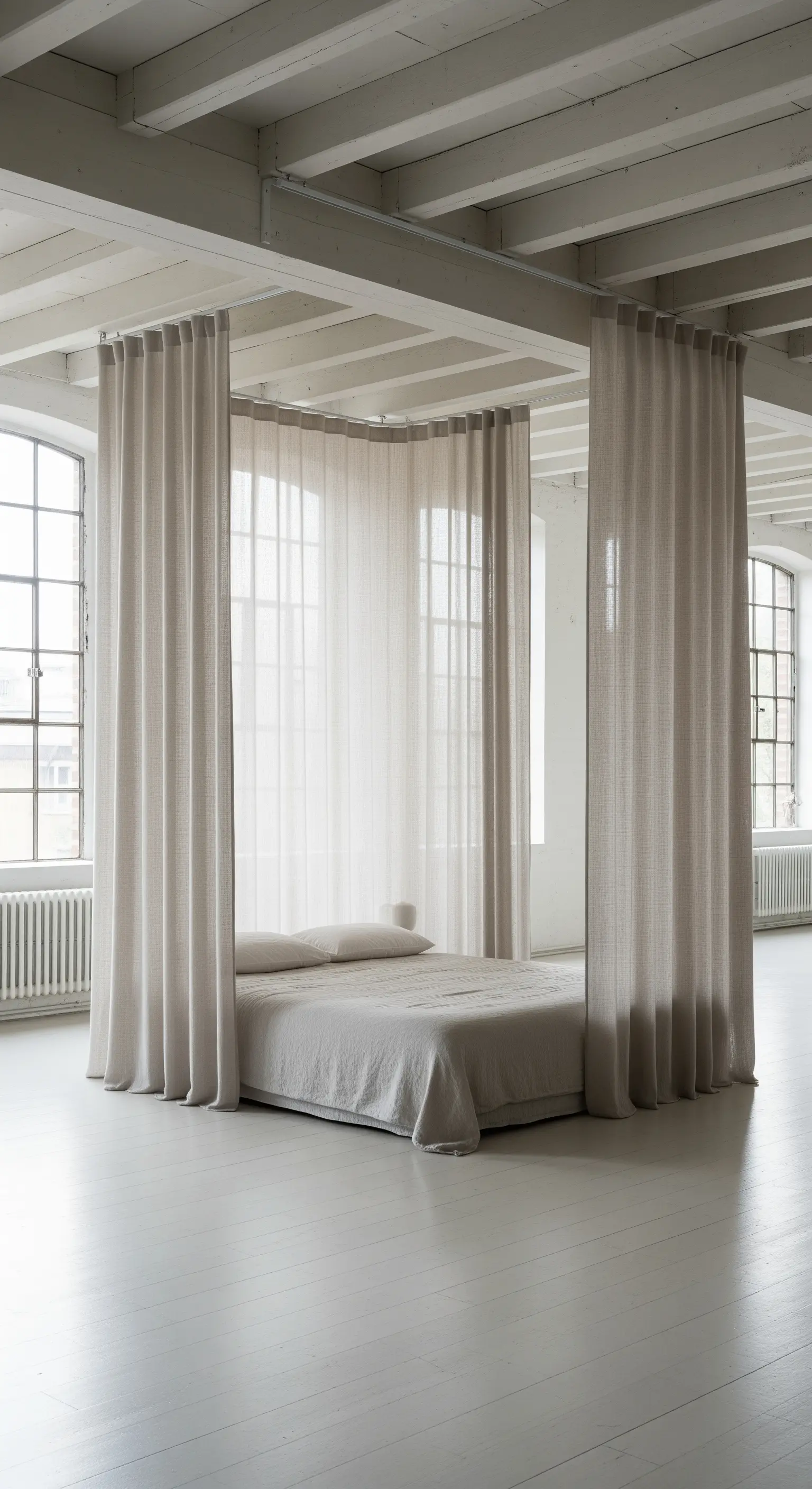 Loft-Schlafzimmer, bei dem das Bett von beigen Vorhängen als Raumteiler umgeben ist.