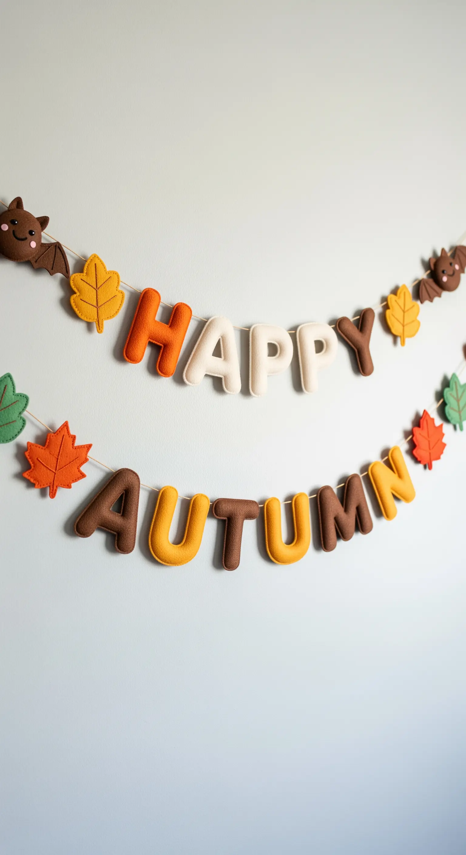 Eine bunte Filz-Girlande an einer hellblauen Wand mit dem Schriftzug 'Happy Autumn' und kleinen Fledermäusen.