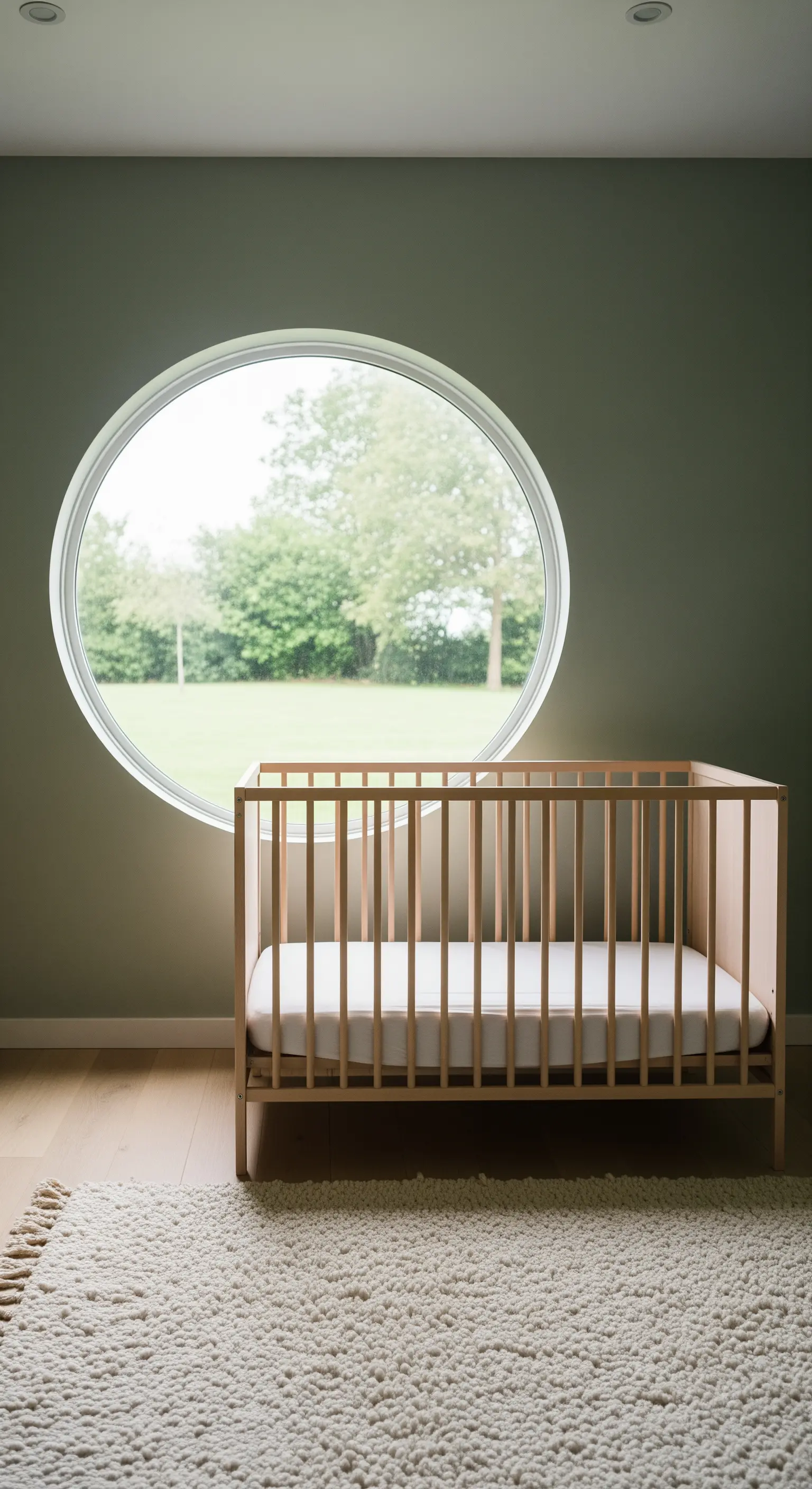 Ein Kinderbett aus Holz steht unter einem großen, runden Fenster in einem salbeigrünen Raum.
