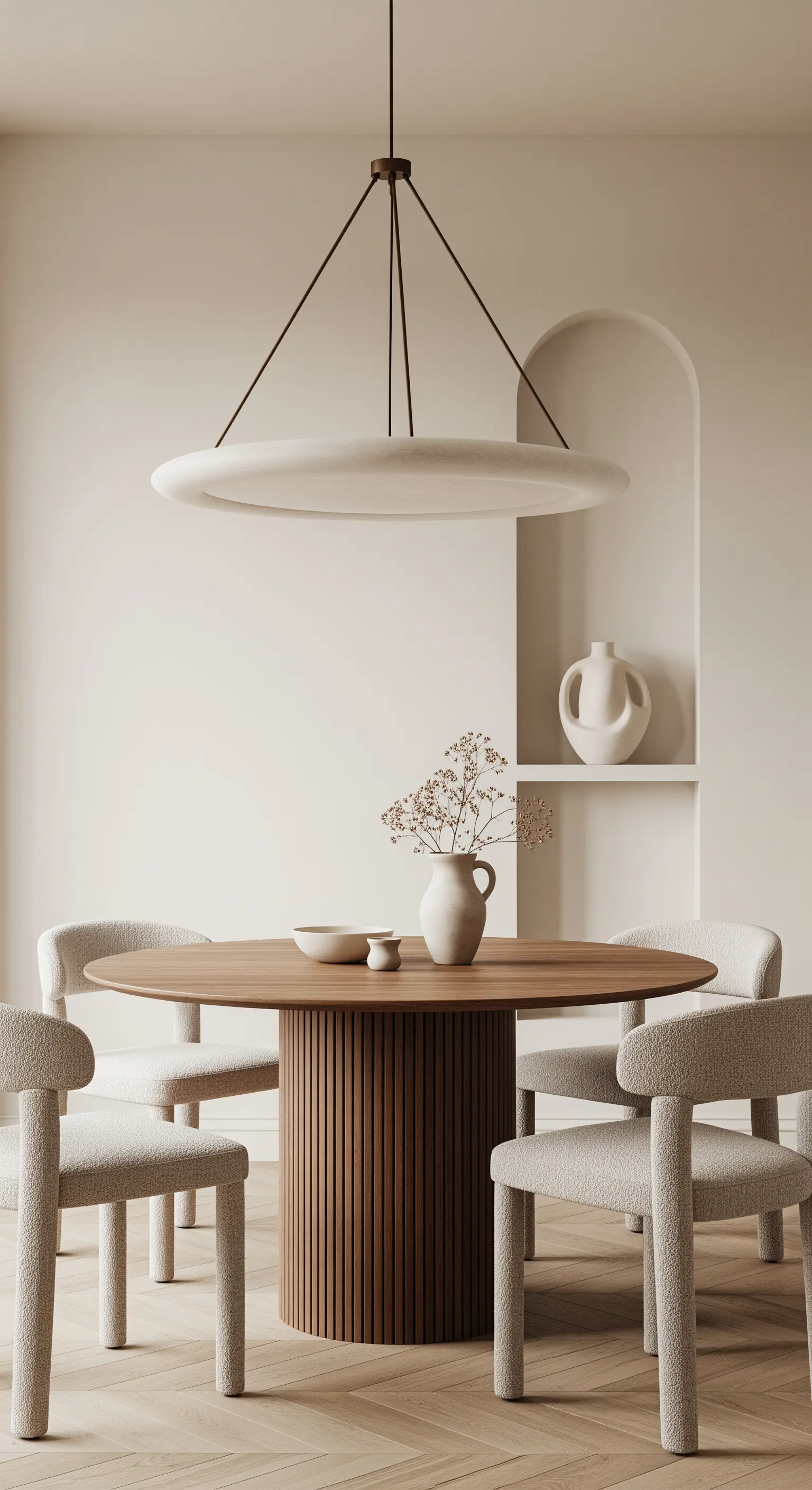 Runder Holztisch mit Bouclé-Stühlen in einem beigefarbenen Raum mit einer Wandnische.