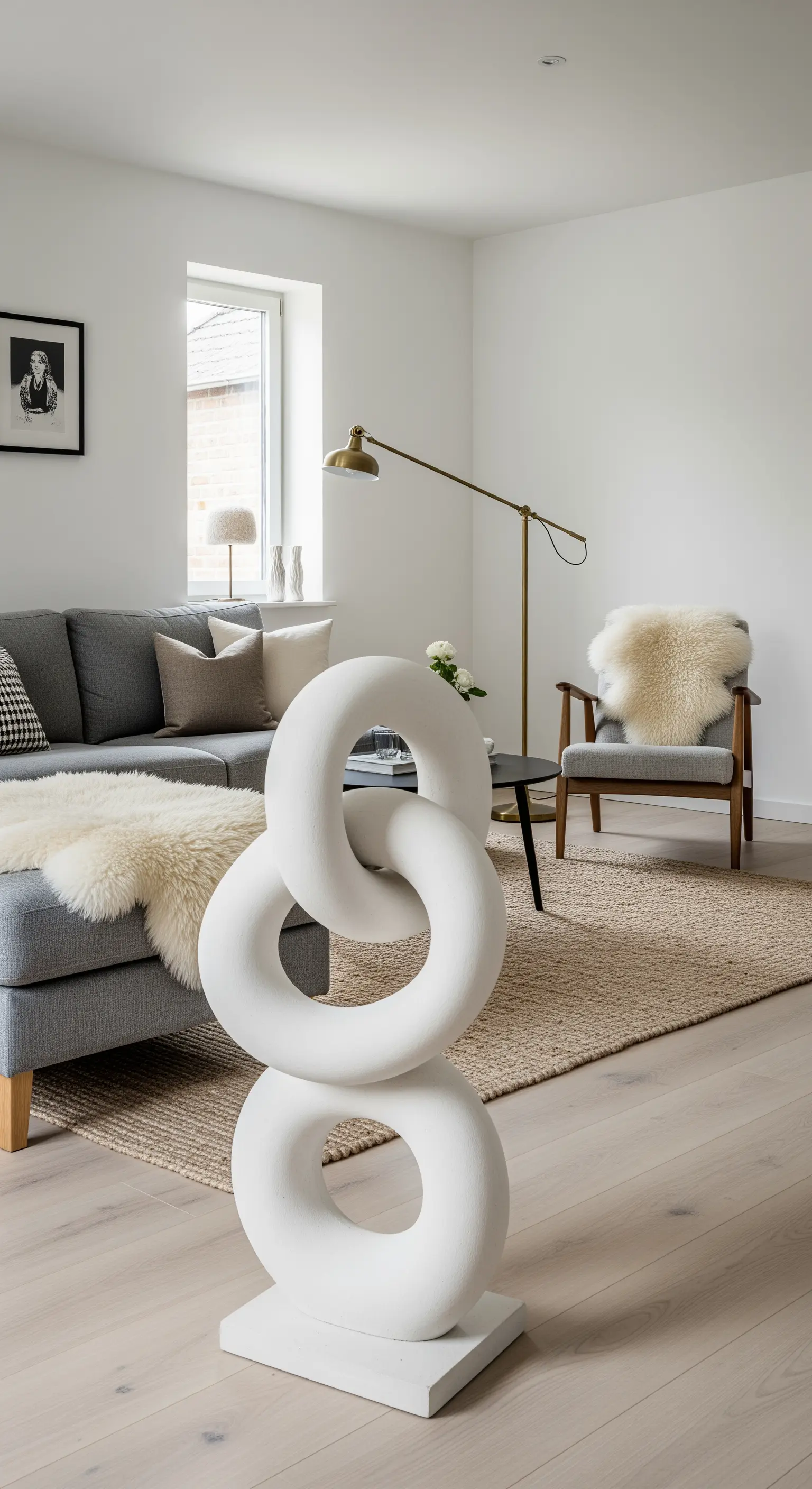 Große, weiße Kettenskulptur aus Stoff oder Gips in einem skandinavisch inspirierten Wohnzimmer.