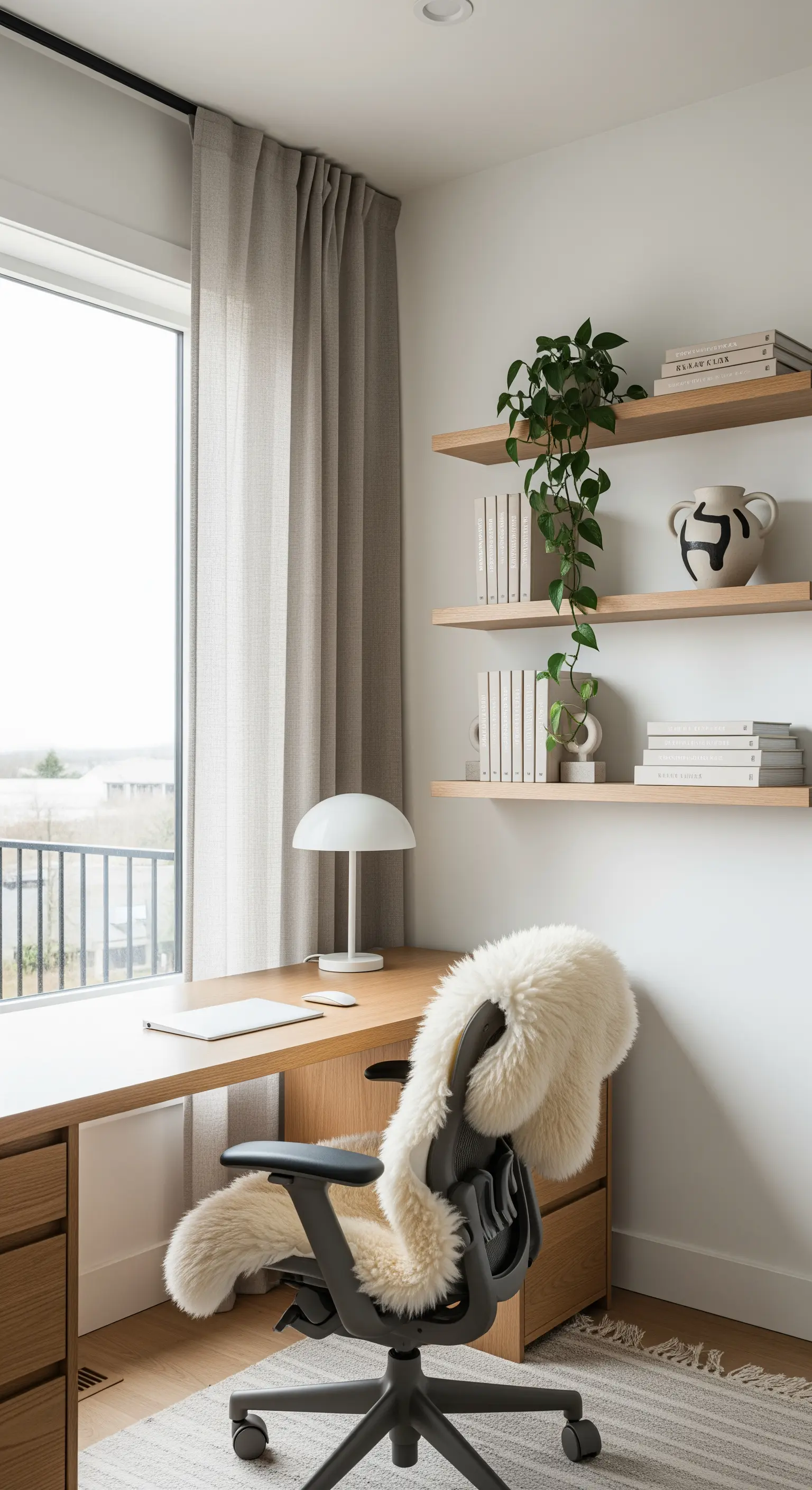Minimalistisches Homeoffice mit Schaffell auf dem Stuhl und schwebenden Holzregalen.