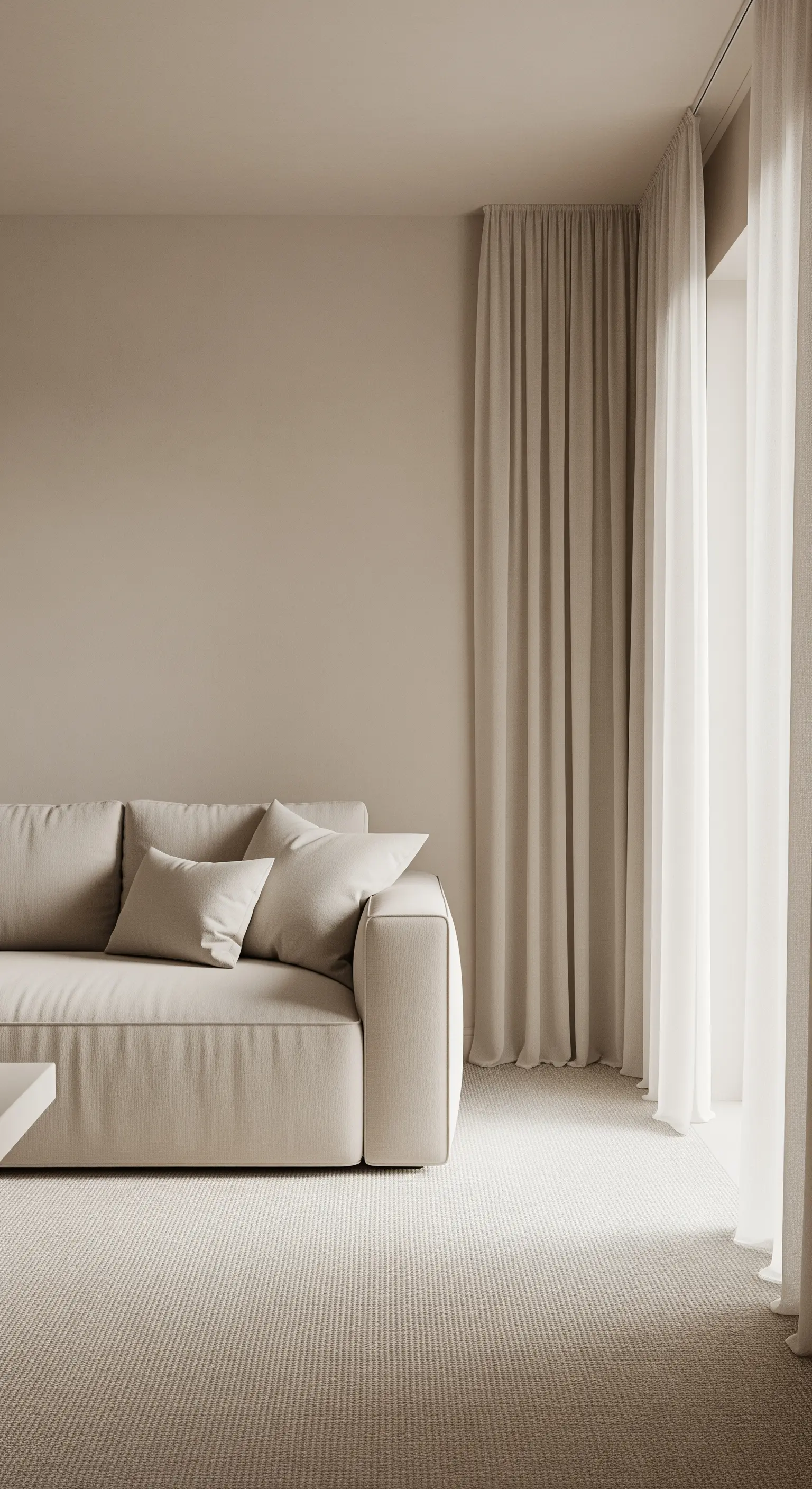 Beigefarbenes Sofa in einem Raum mit bodenlangen, beigen Vorhängen in zwei Lagen.