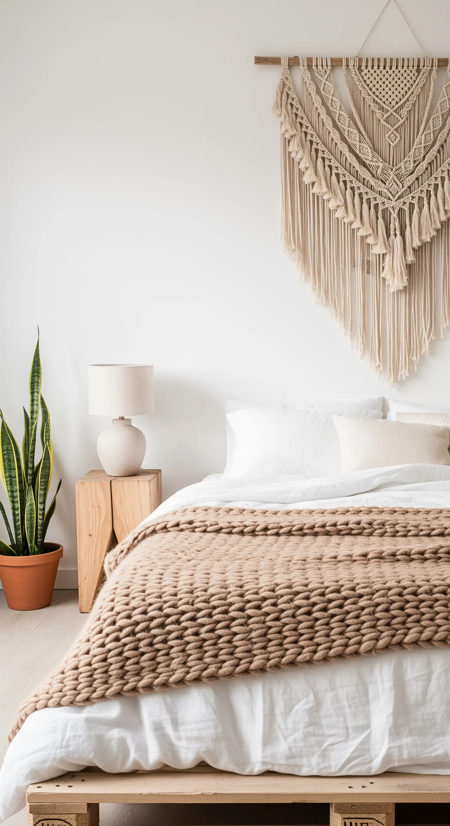 Boho-Schlafzimmer mit großem Makramee-Wandbehang über dem Bett.