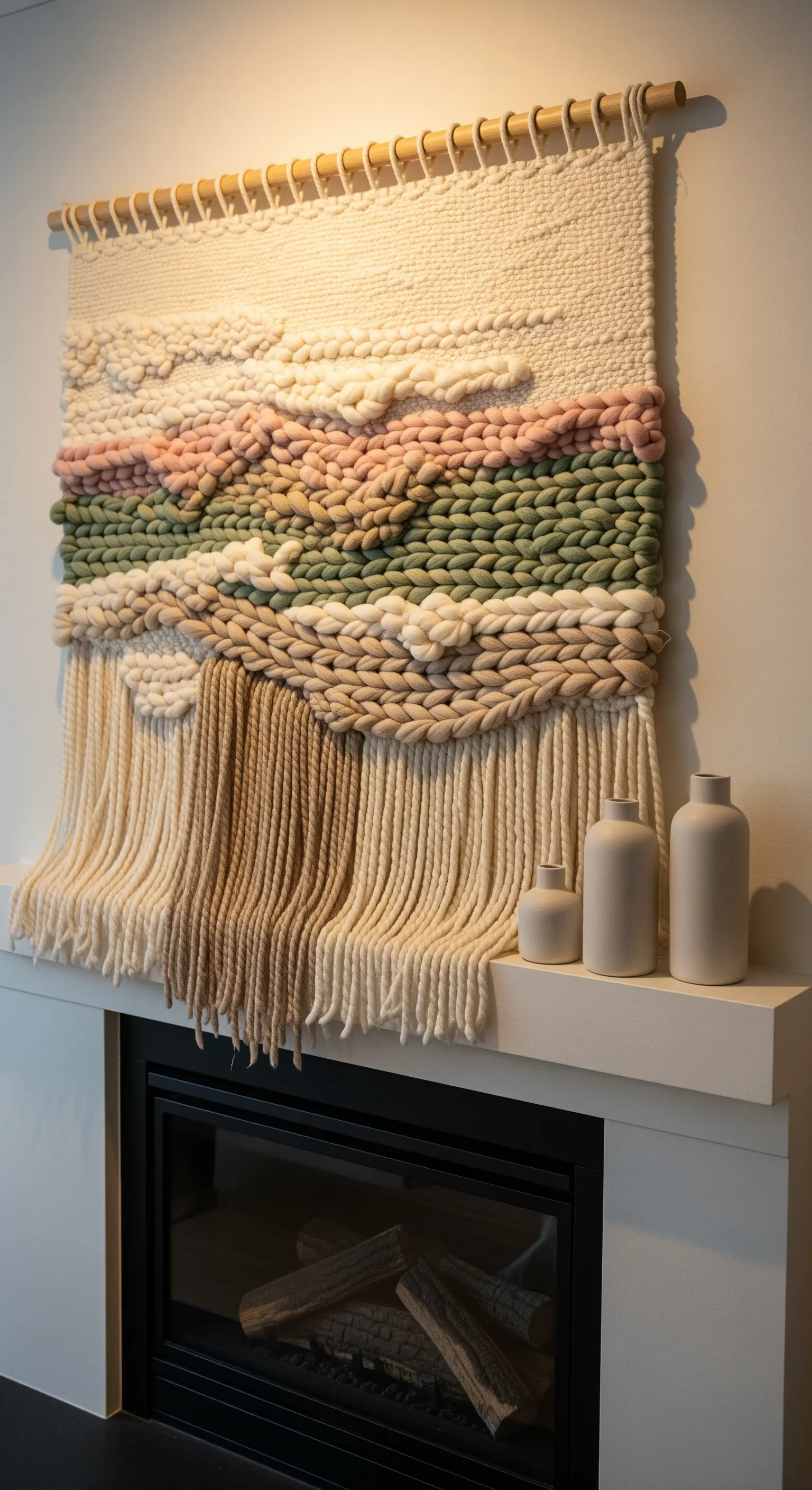 Großer, gewebter Wandbehang in Pastell- und Erdtönen über dem Kamin.