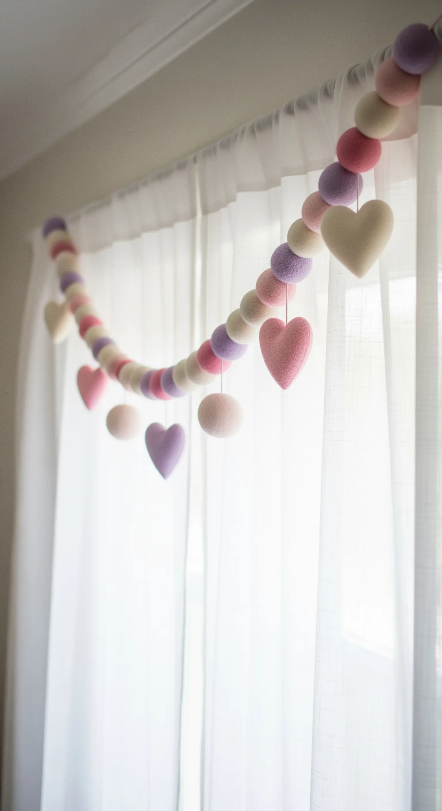 Pastellfarbene Filzkugel-Girlande mit Herzen, locker über eine weiße Gardinenstange gehängt.