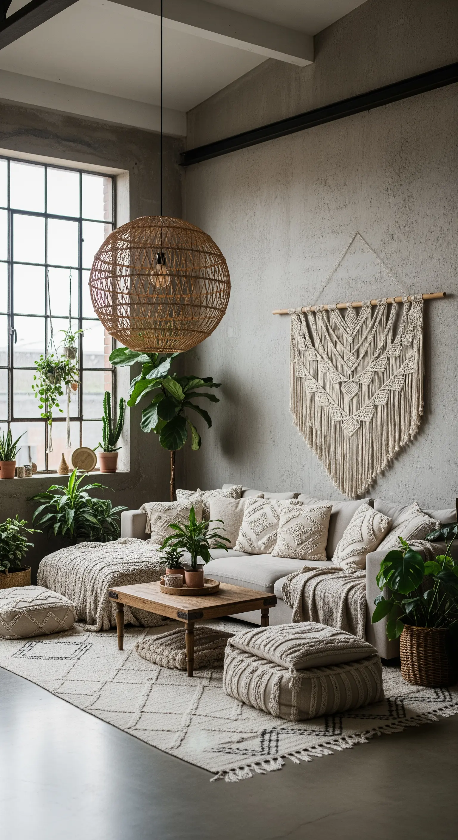 Boho-Wohnzimmer im Industrial-Loft-Stil mit Betonwänden und weichen Textilien.