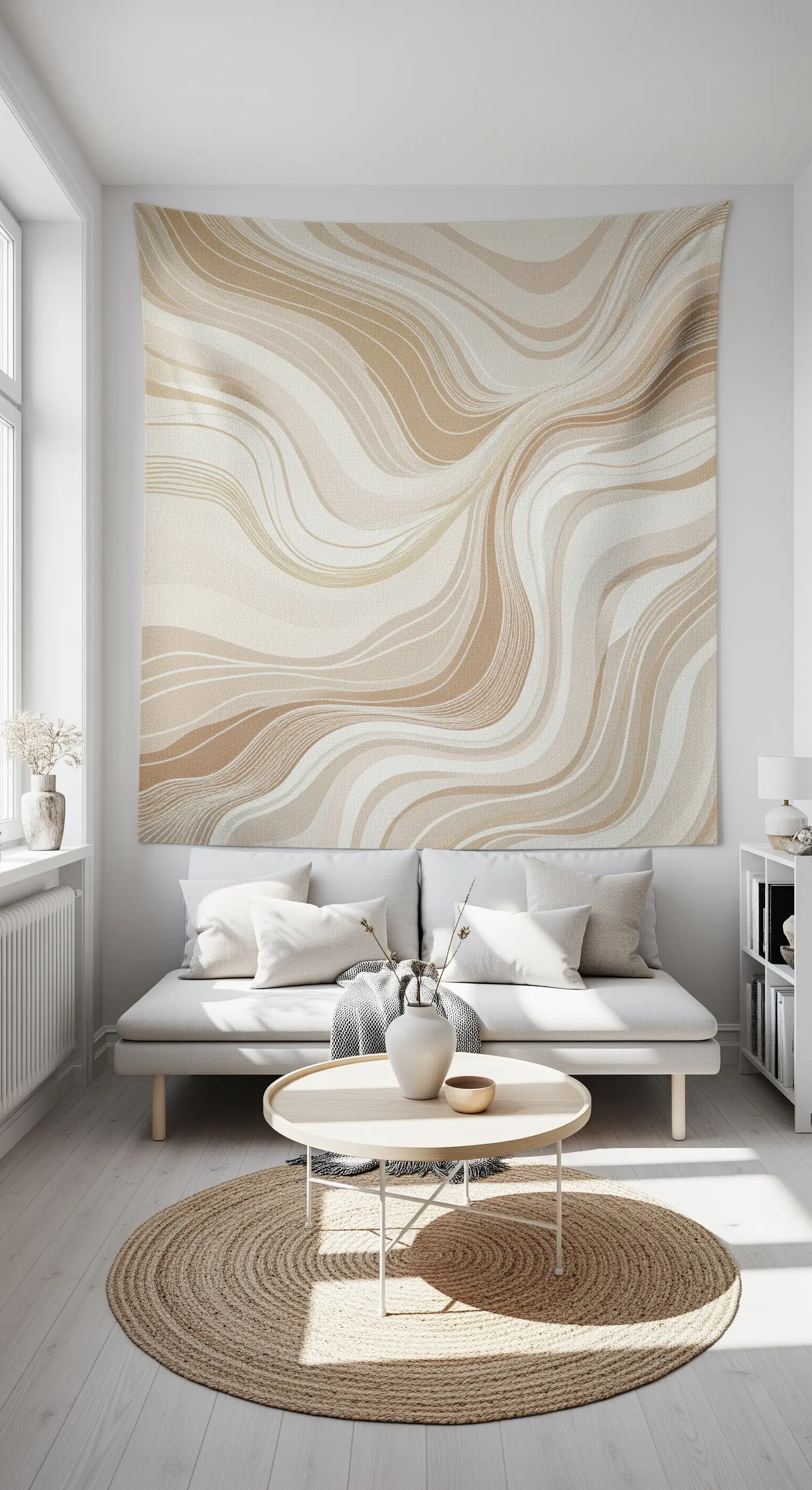 Großer Wandteppich mit abstraktem Wellenmuster in Beigetönen hängt hinter einem weißen Sofa.