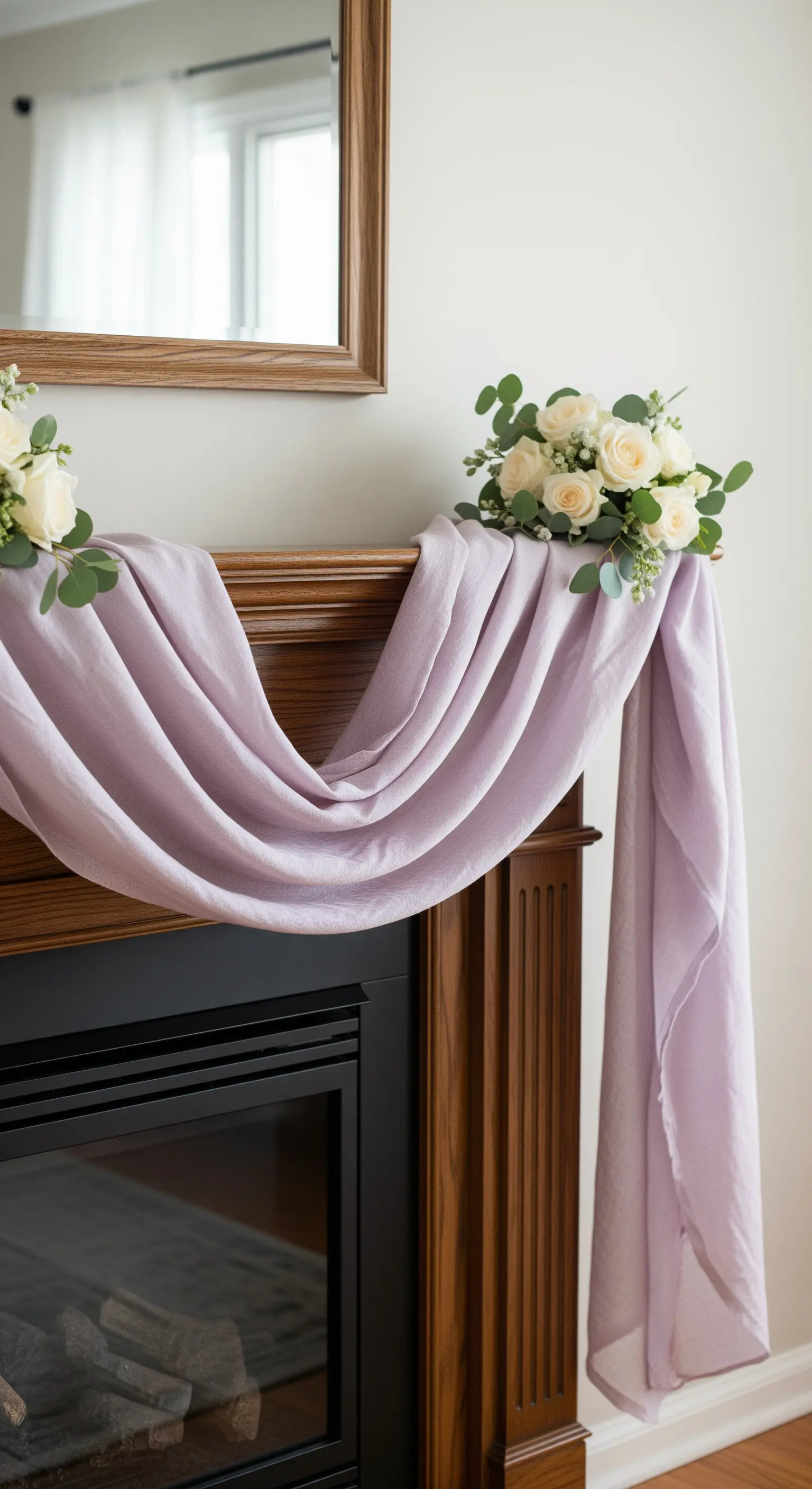 Fliederfarbener Leinenstoff, der über einen Holzkamin drapiert und mit Rosen dekoriert ist.