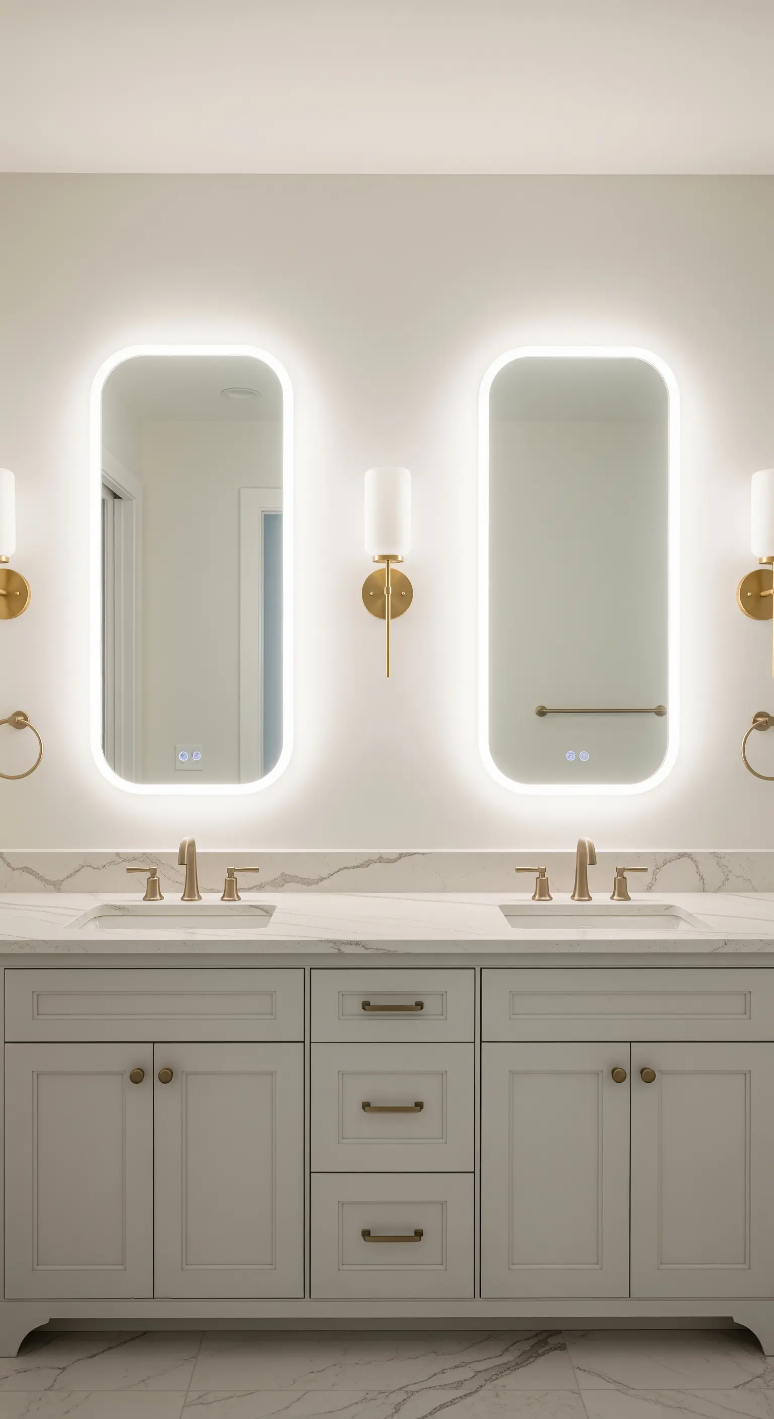 Doppelwaschtisch mit hinterleuchteten Spiegeln mit abgerundeten Ecken und goldenen Wandleuchten.