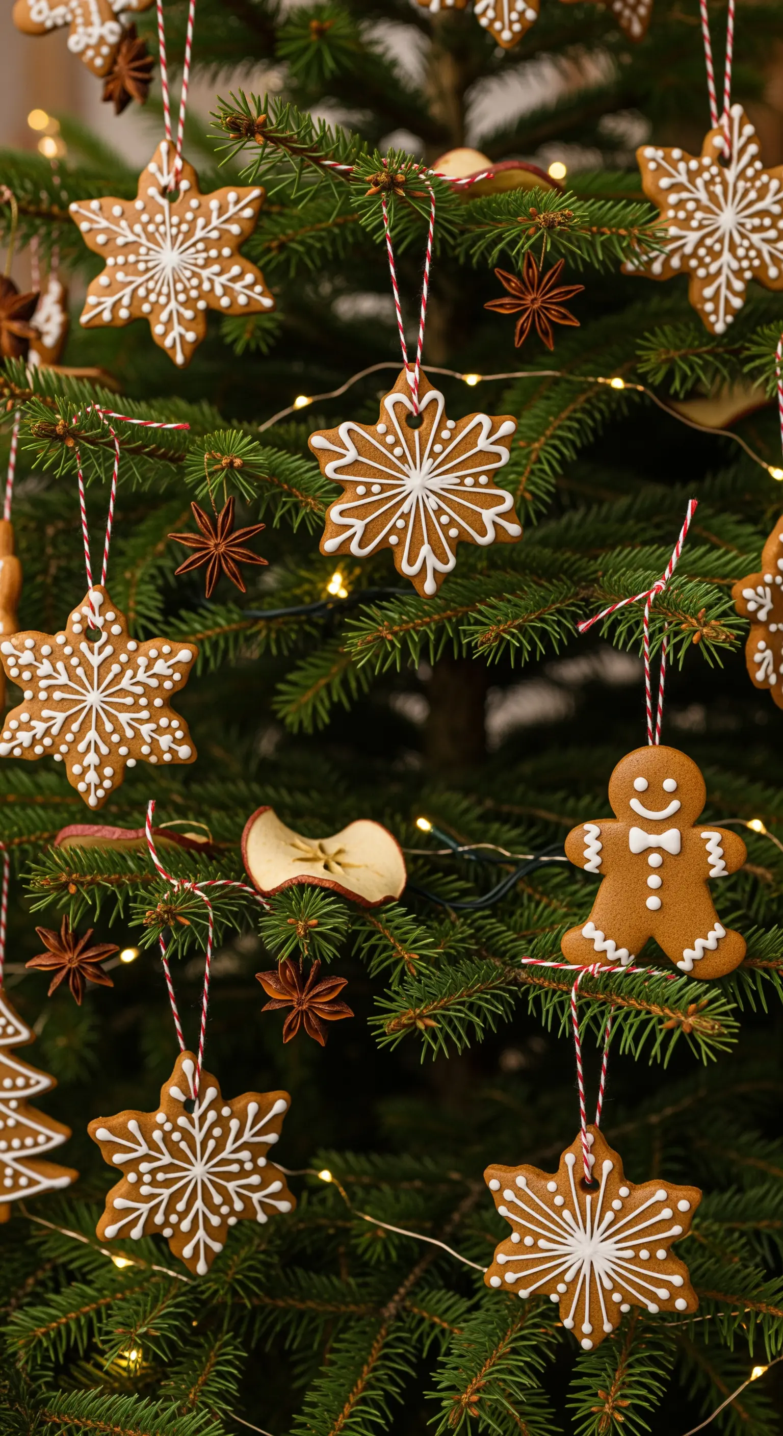 Weihnachtsbaum mit Lebkuchensternen, Lebkuchenmännchen, Sternanis und rot-weißen Bändern.