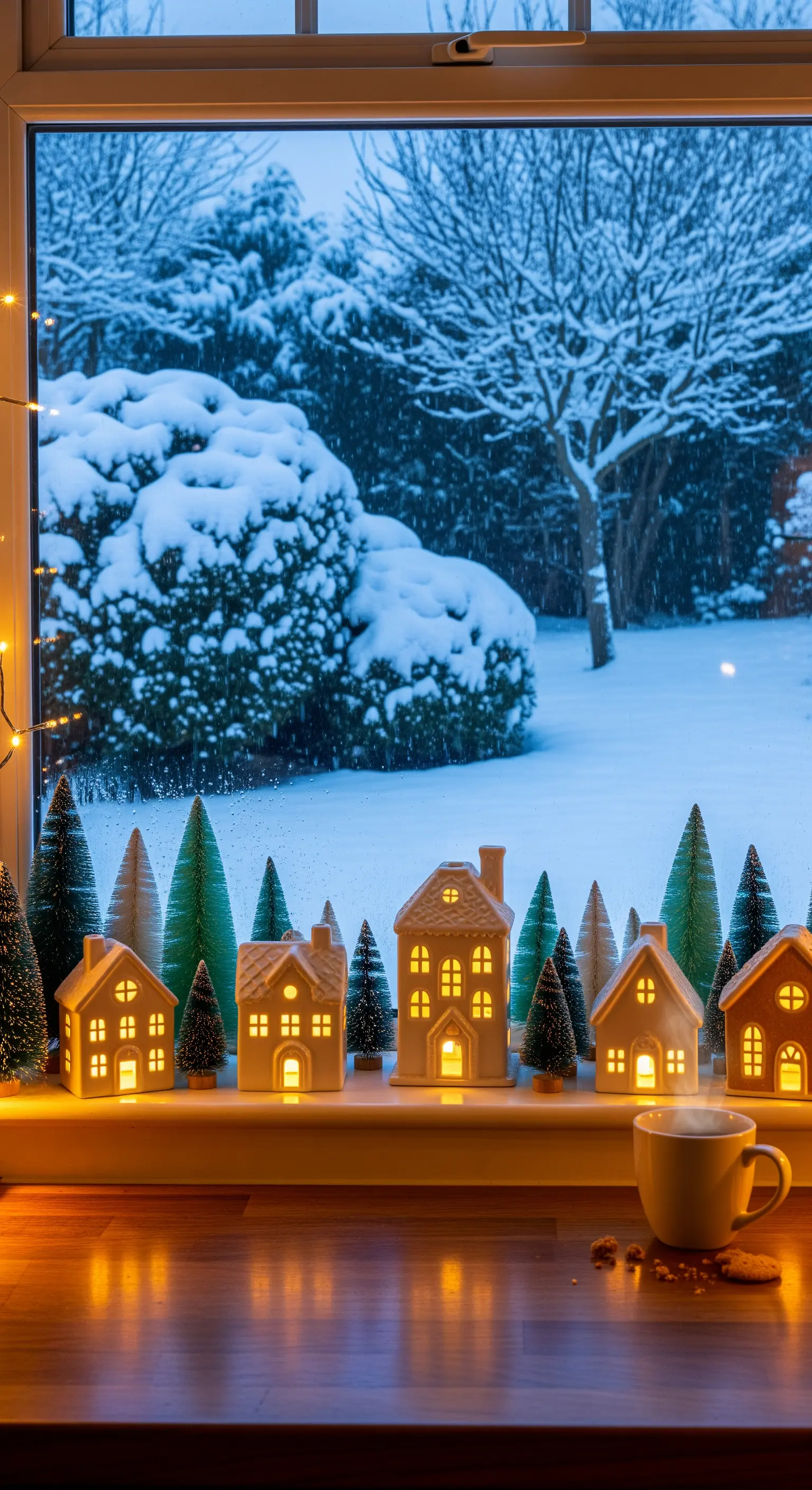 Beleuchtetes Miniatur-Weihnachtsdorf mit Häusern und Tannenbäumen auf einer Fensterbank vor verschneiter Kulisse