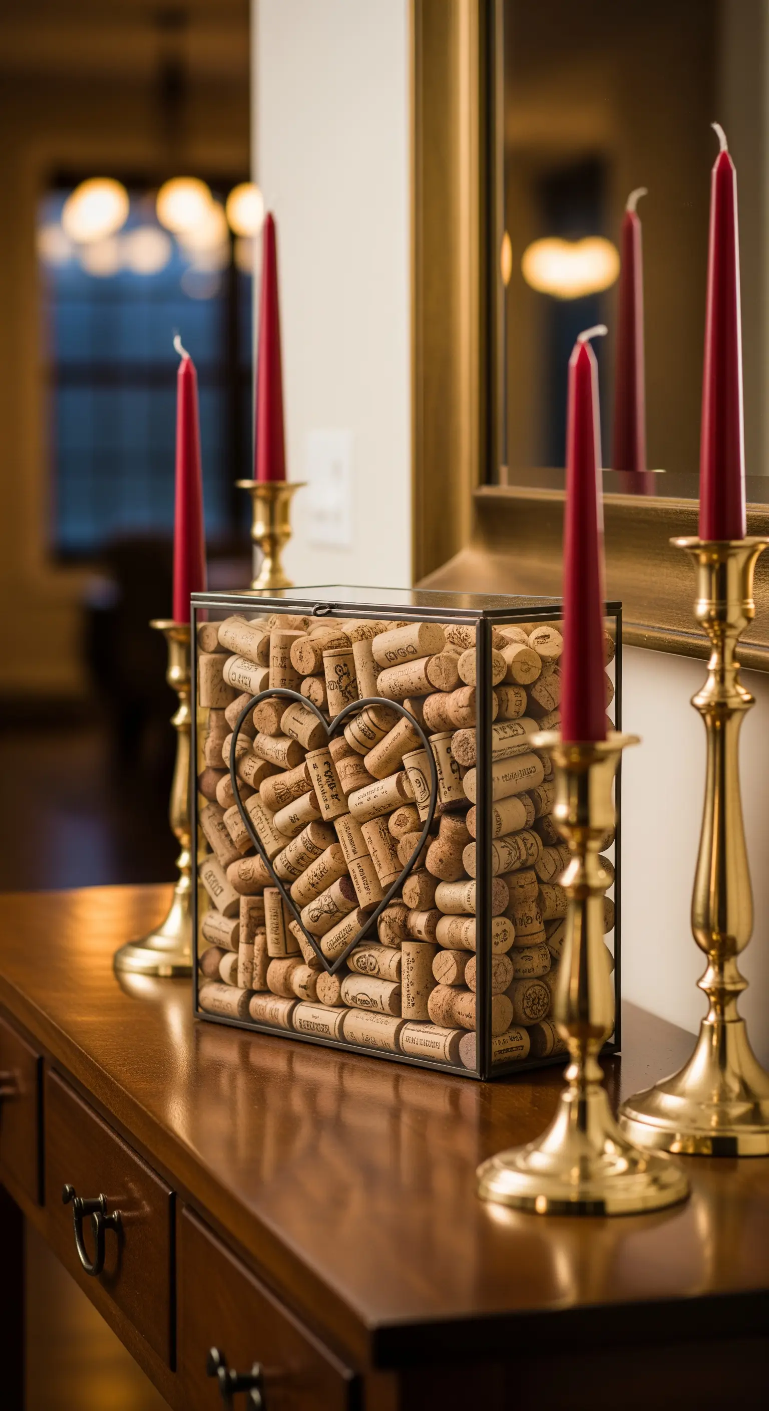 Sideboard mit Glasbox gefüllt mit Weinkorken in Herzform, flankiert von goldenen Kerzenständern.