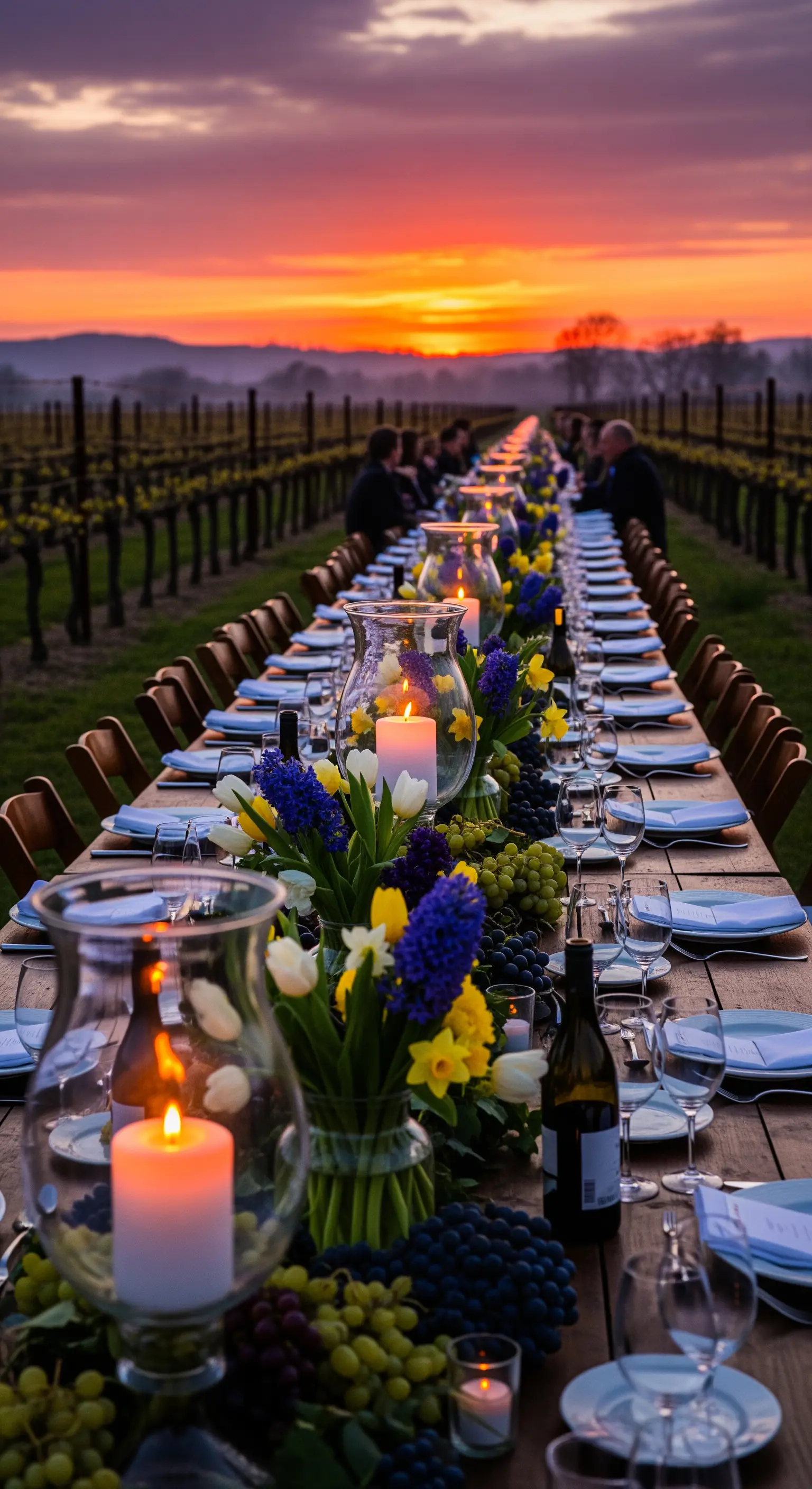 Frühlingsblumen, Trauben, Kerzen und Glasvasen auf rustikaler Weinbergtafel