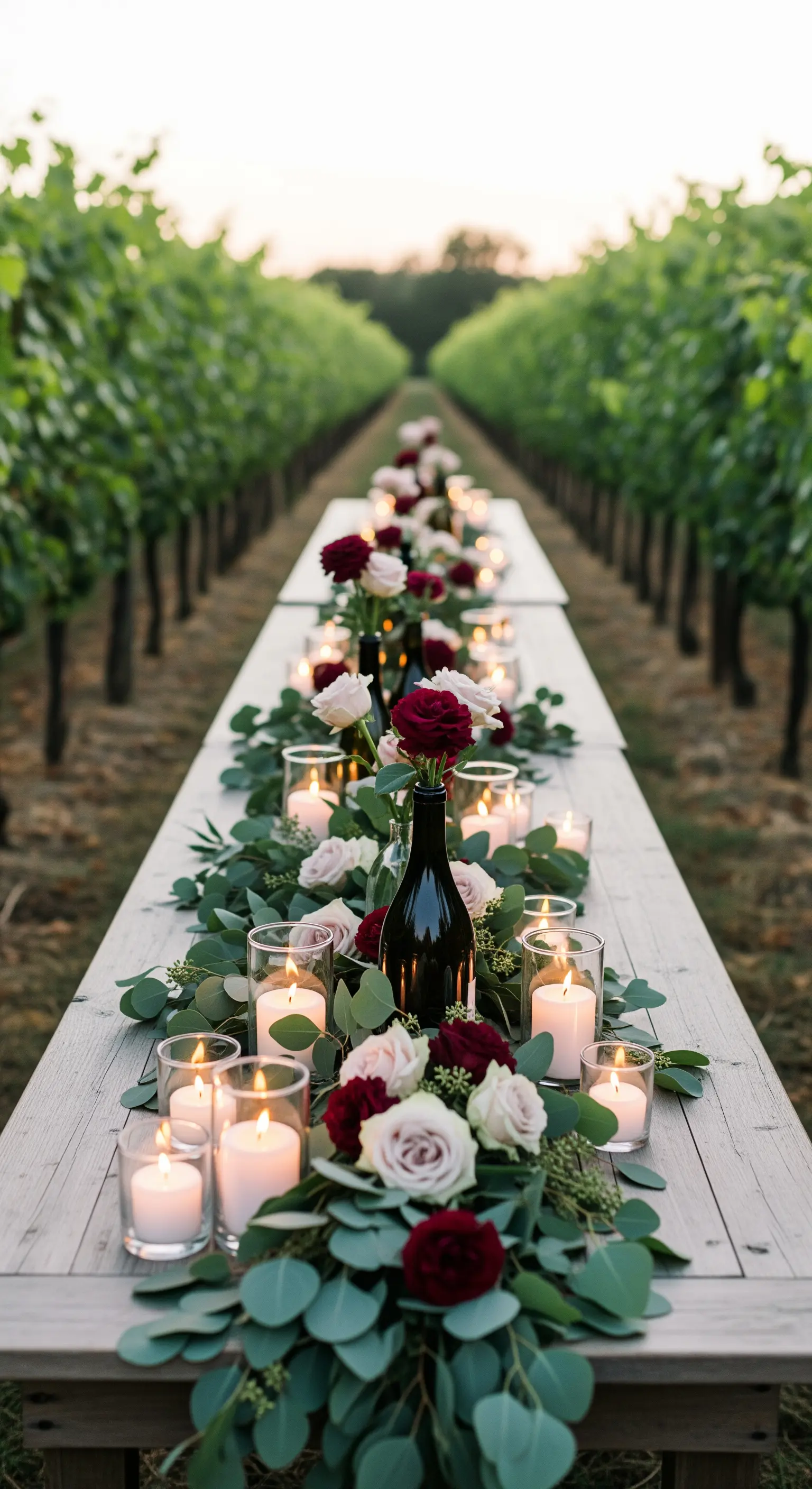 Lange Tafel im Weinberg mit Eukalyptus, Rosen und vielen Kerzen.
