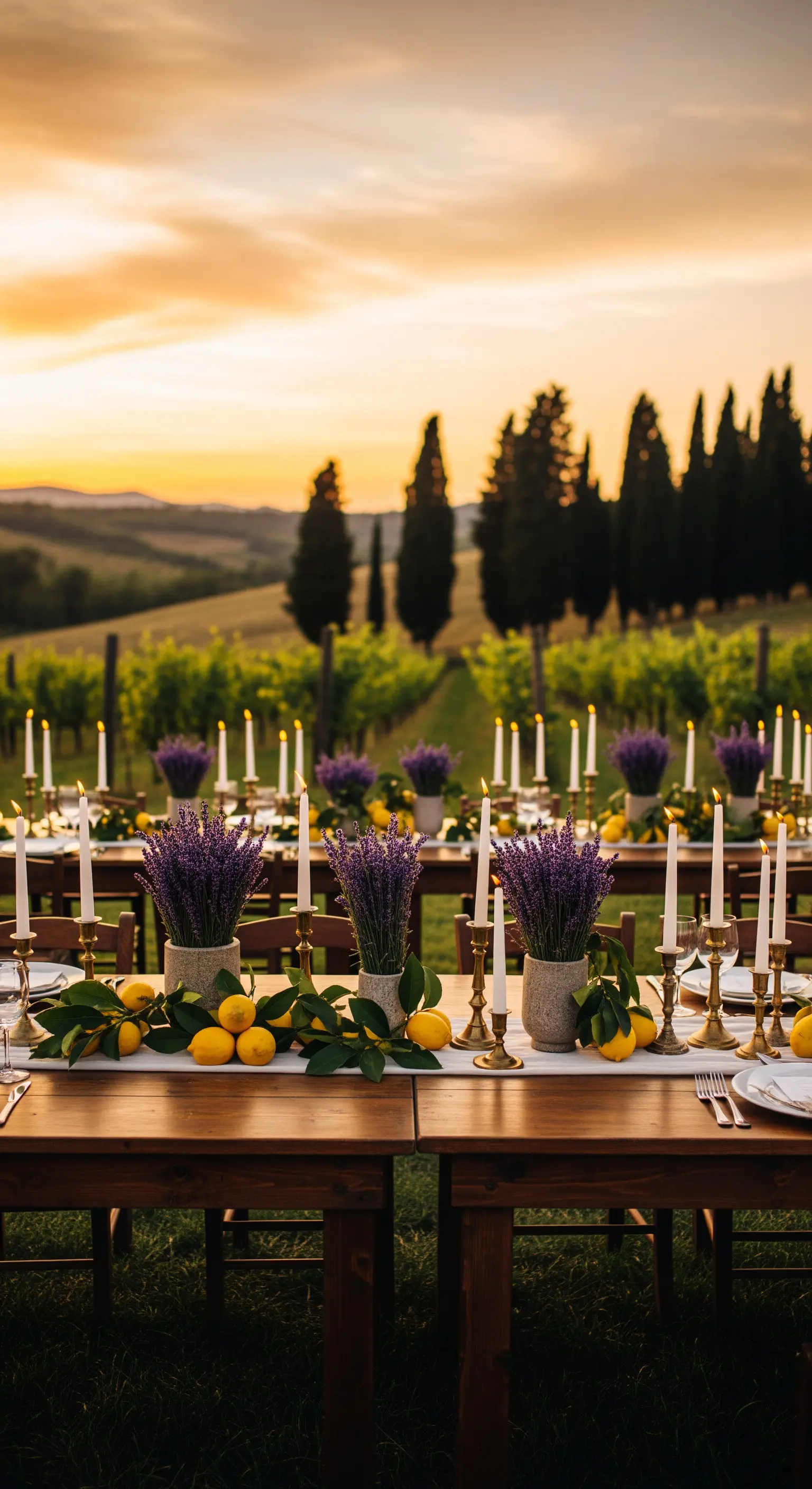 Lange Tafel in Weinbergen mit Lavendel, Zitronen, Kerzenlicht bei Sonnenuntergang