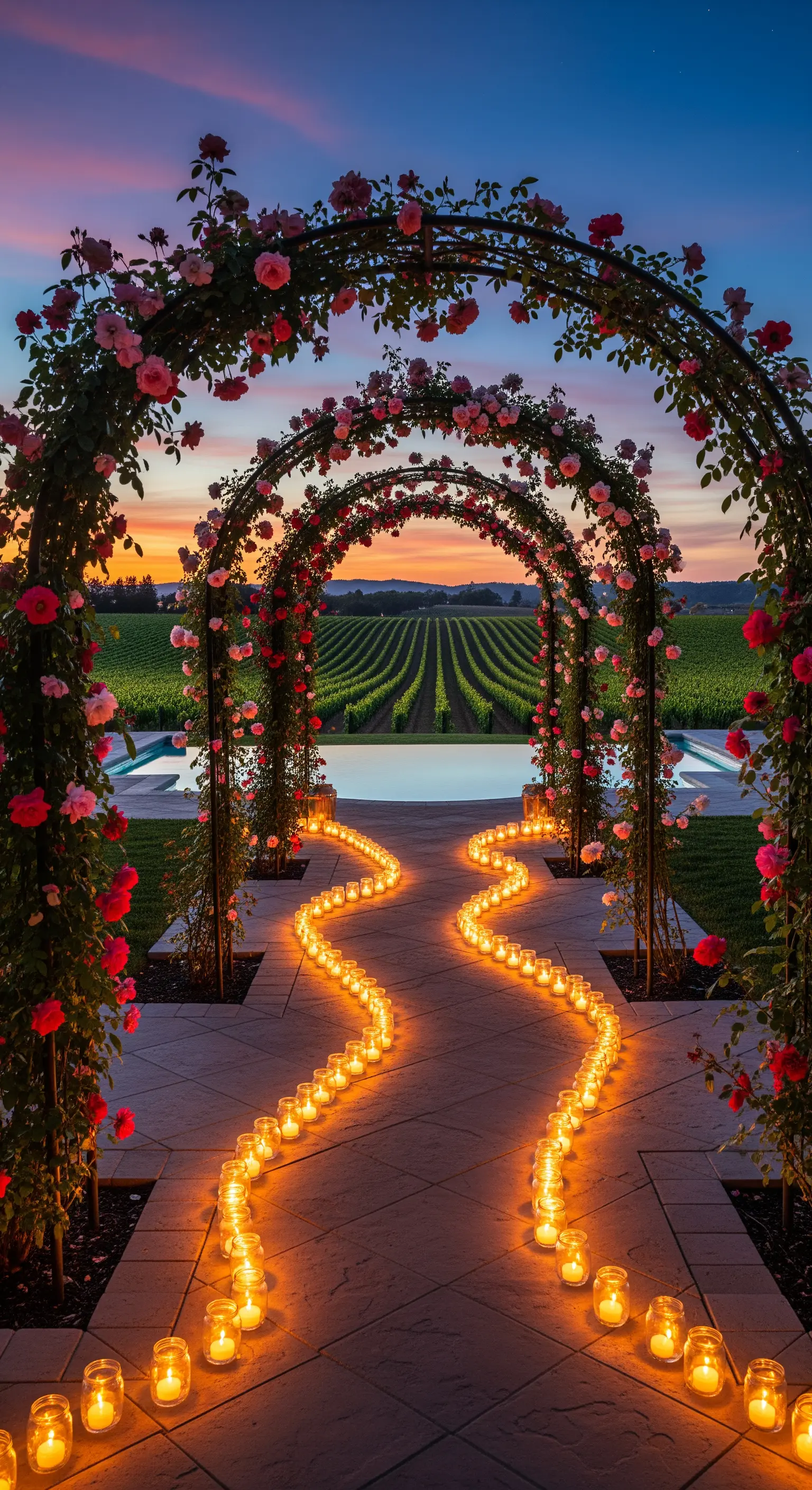 Weinberg mit Rosenbögen, rosa und roten Rosen, geschwungenem Kerzenweg bei Sonnenuntergang
