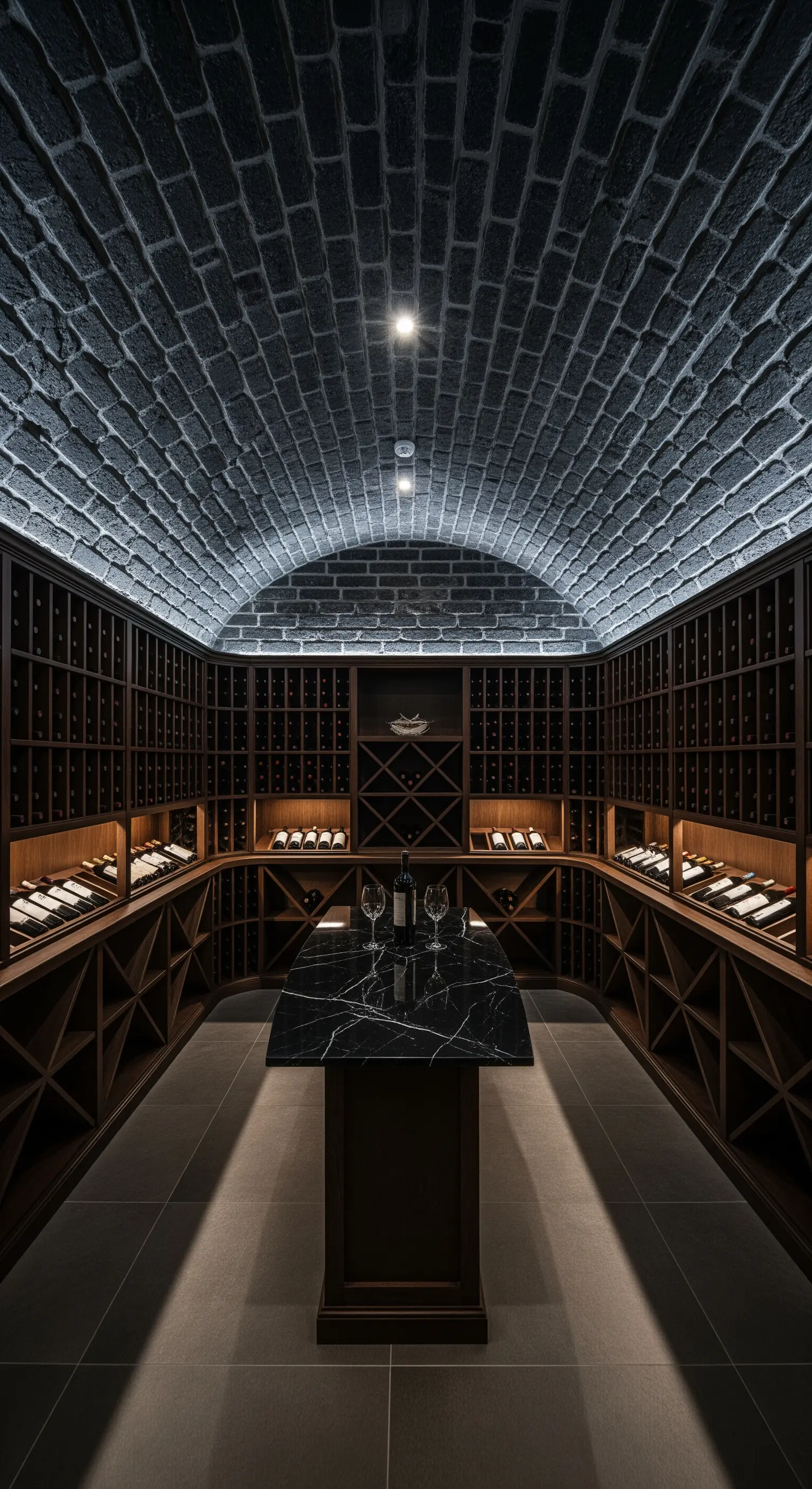 Gewölbter Weinkeller mit Ziegeldecke, Einbauspots und Holzregalen