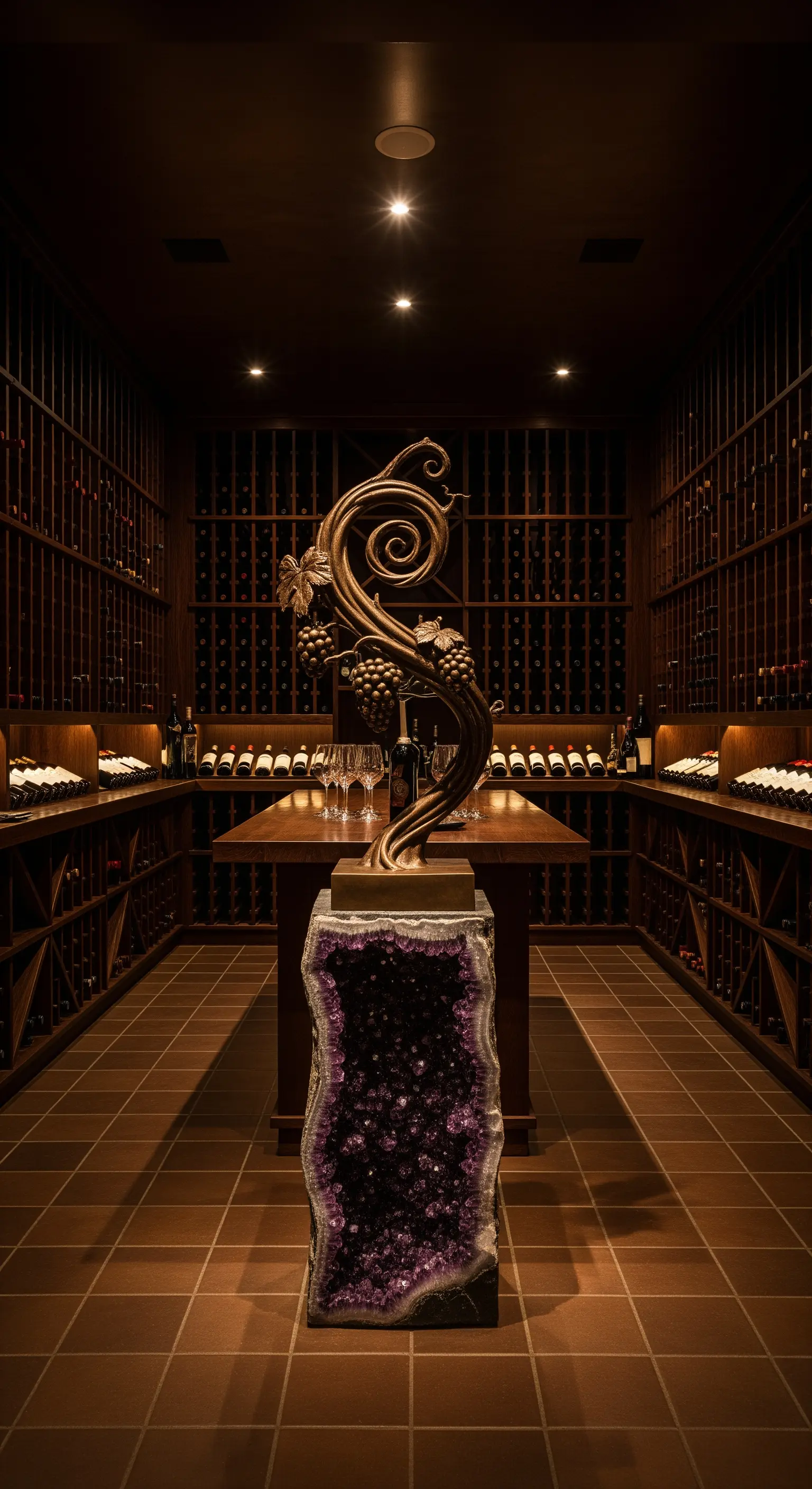 Bronzeskulptur auf Amethyst-Sockel in luxuriösem Weinkeller.