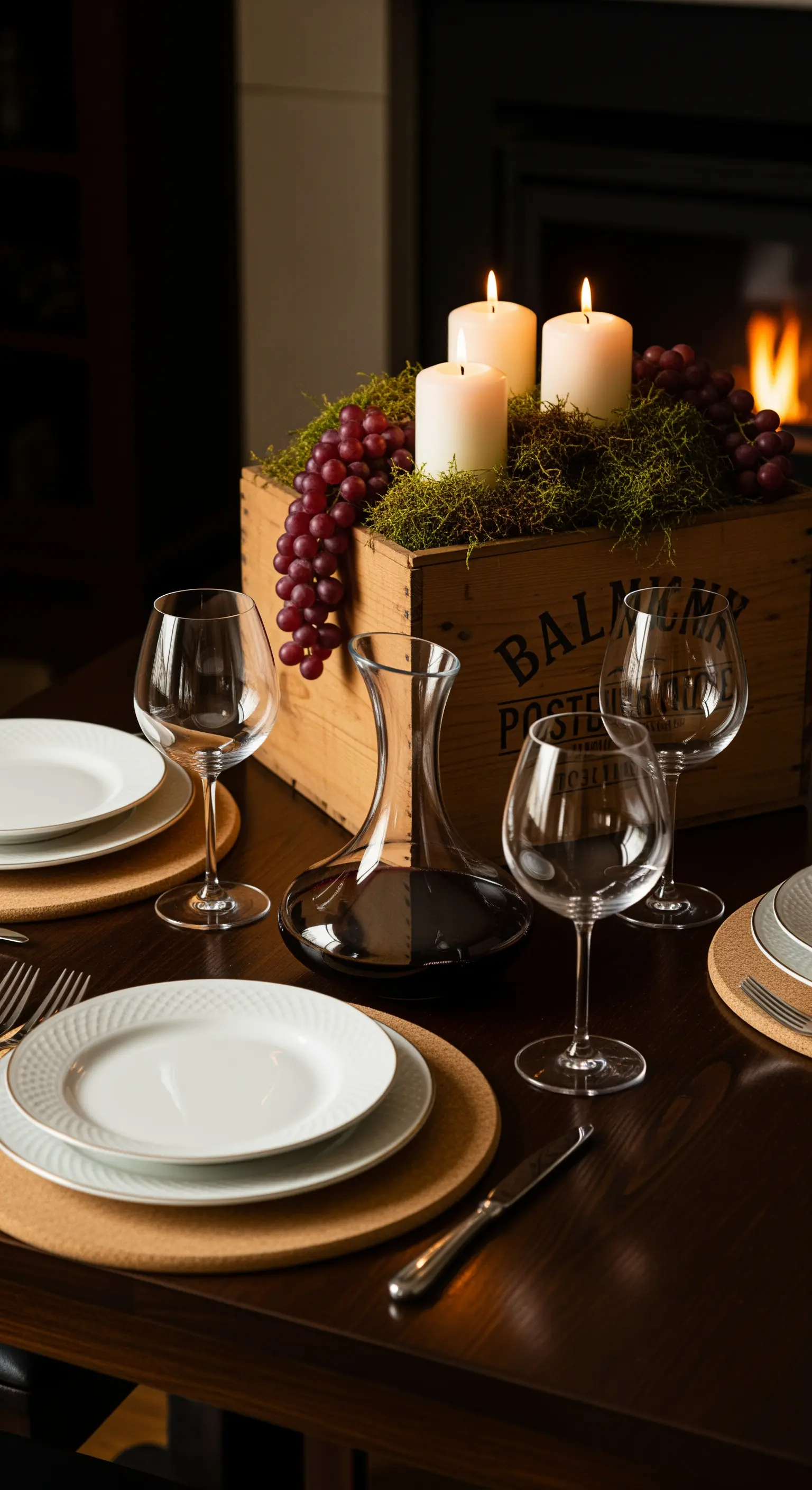 Weinkiste als Tisch-Centerpiece, gefüllt mit Moos, Trauben und Kerzen vor einem Kamin.