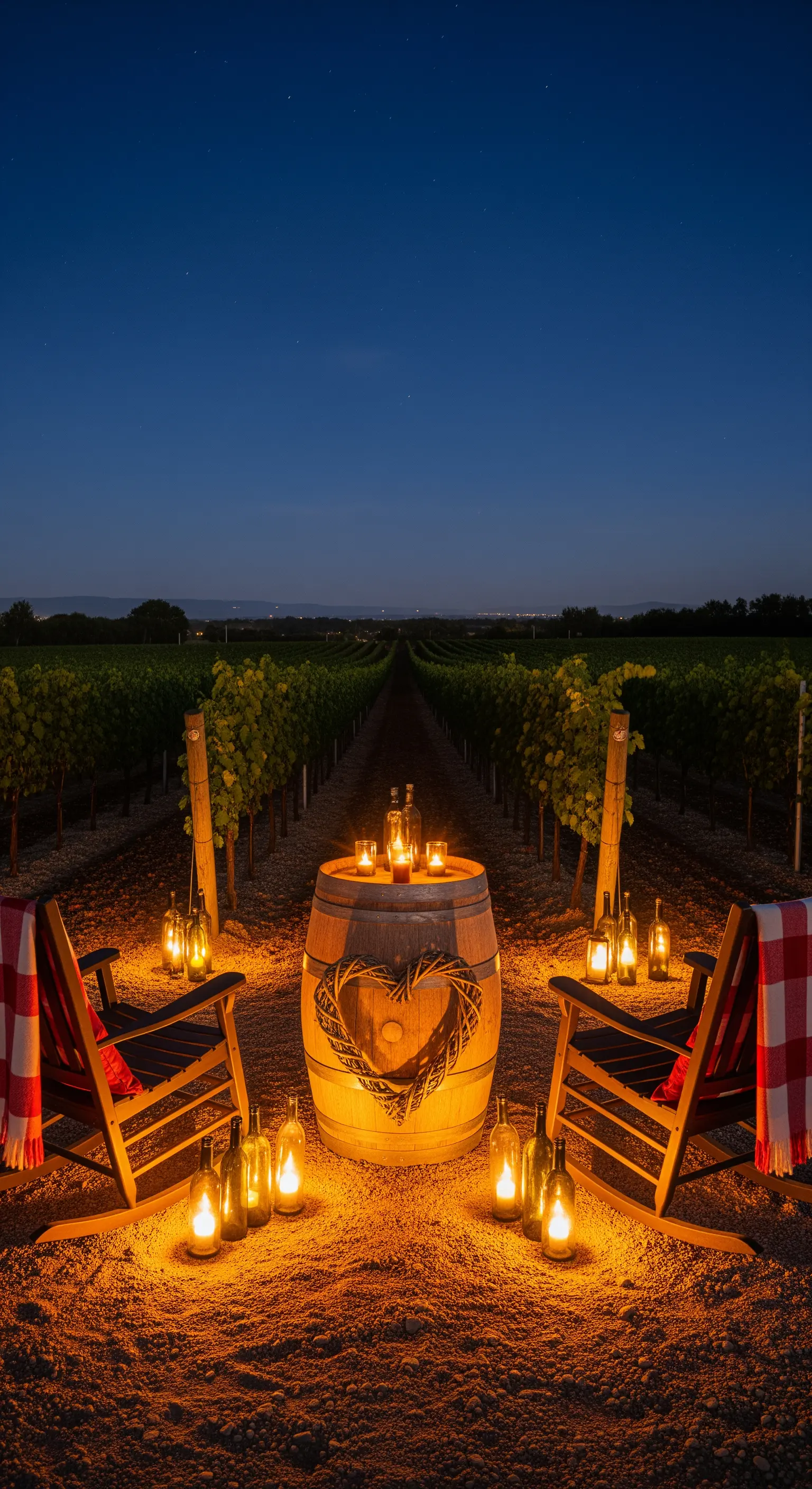 Weinfass als Tisch mit Kerzen und zwei Stühlen in einem beleuchteten Weinberg.