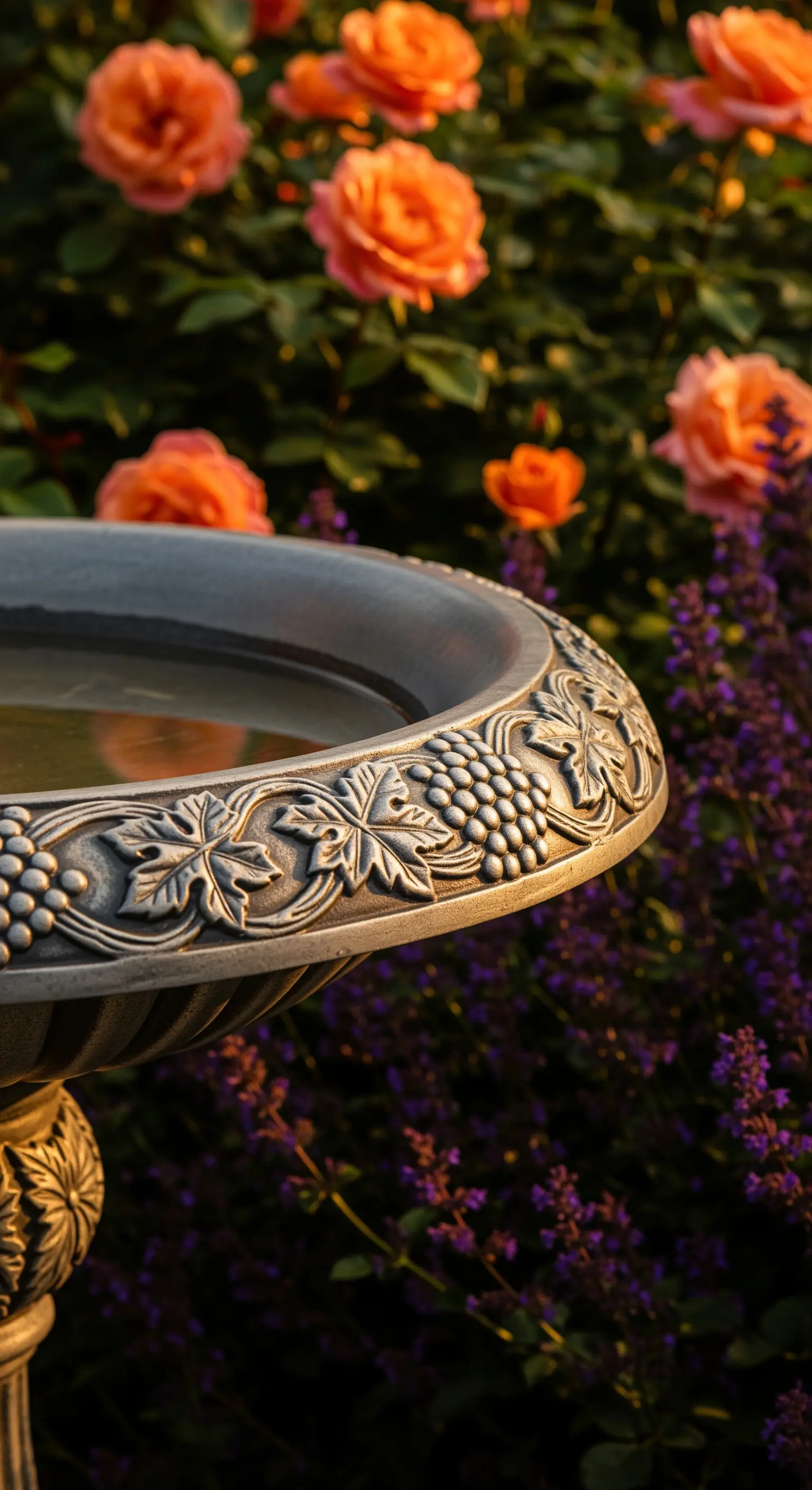 Vogeltränke mit Weinreben-Relief am Rand, umgeben von Lavendel und apricotfarbenen Rosen