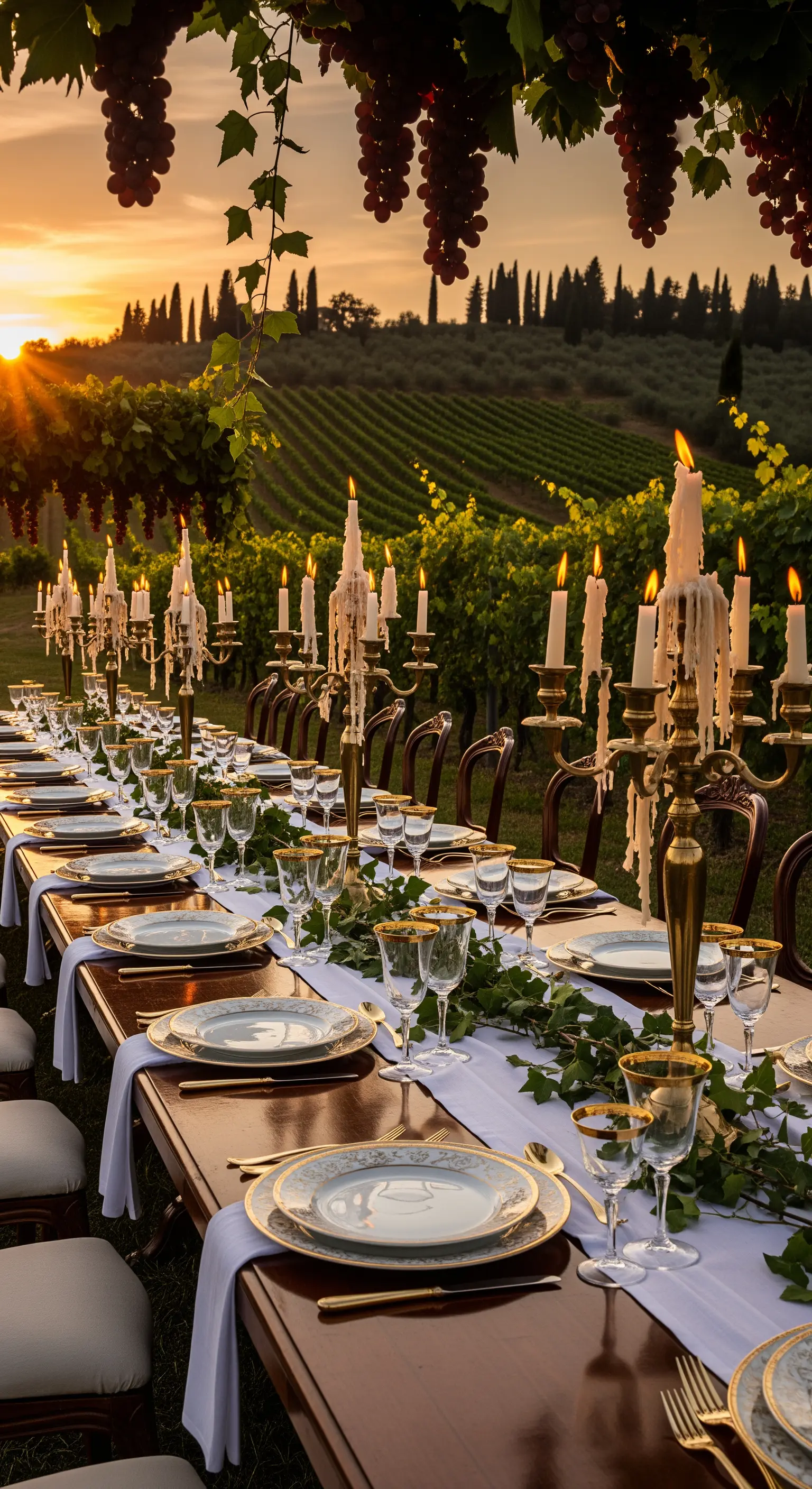 Lange Tafel in goldenem Sonnenuntergang im Weinberg mit hohen Kerzenständern und Gold-Porzellan
