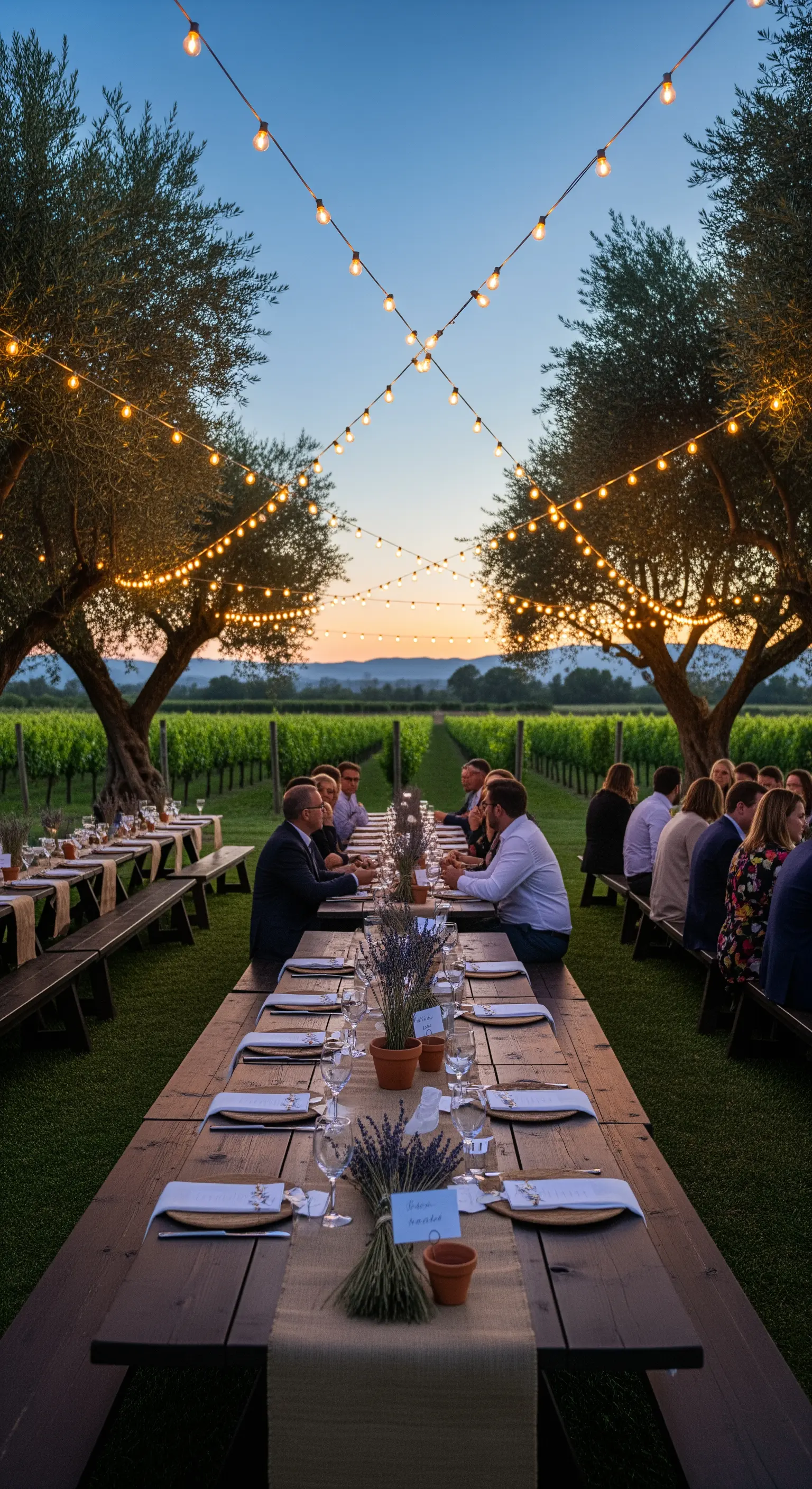 Lange Holztische im Weinberg mit Lichterketten und Lavendeltöpfen