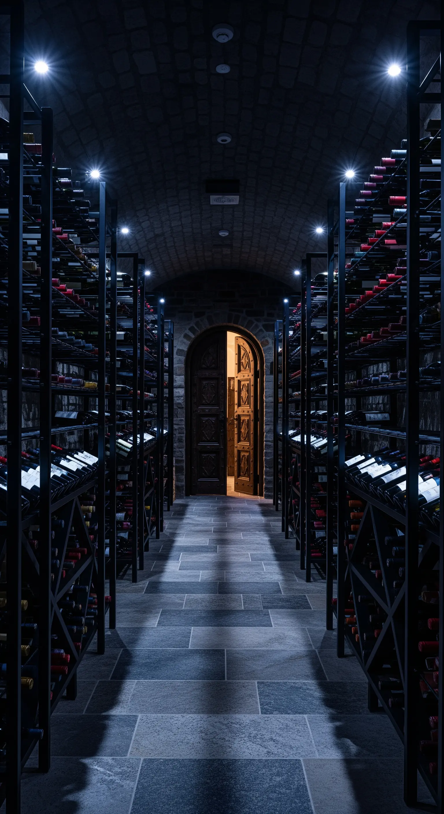 Weinkeller mit dunklen Metallregalen und Weinflaschen, beleuchtet durch Decken-Spots, altes Holztor