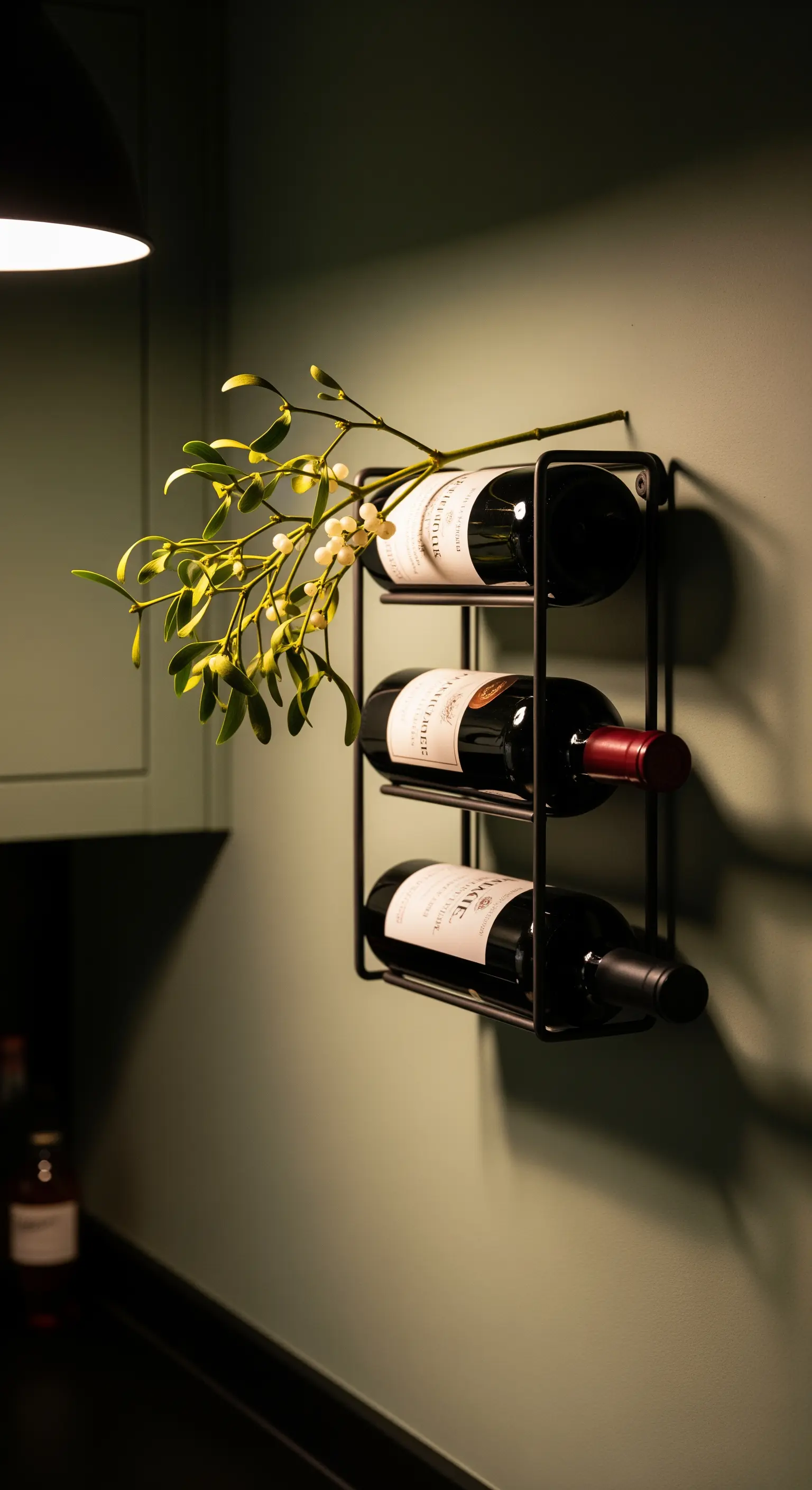 Wandweinregal mit Weinflaschen und einem Mistelzweig.