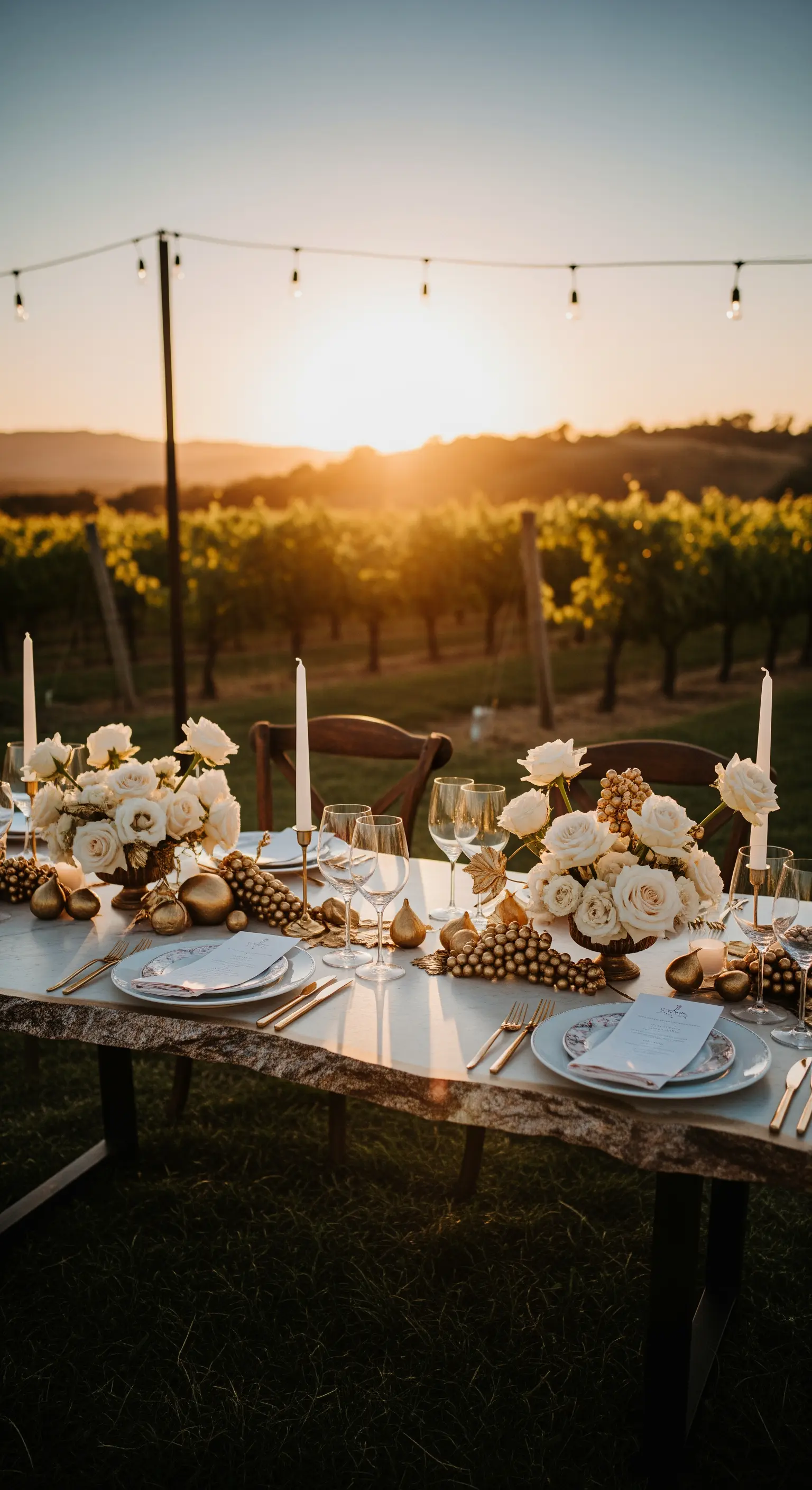 Rustikale Tafel im Weinberg mit weißen Rosen, goldenen Akzenten und Kerzenlicht.