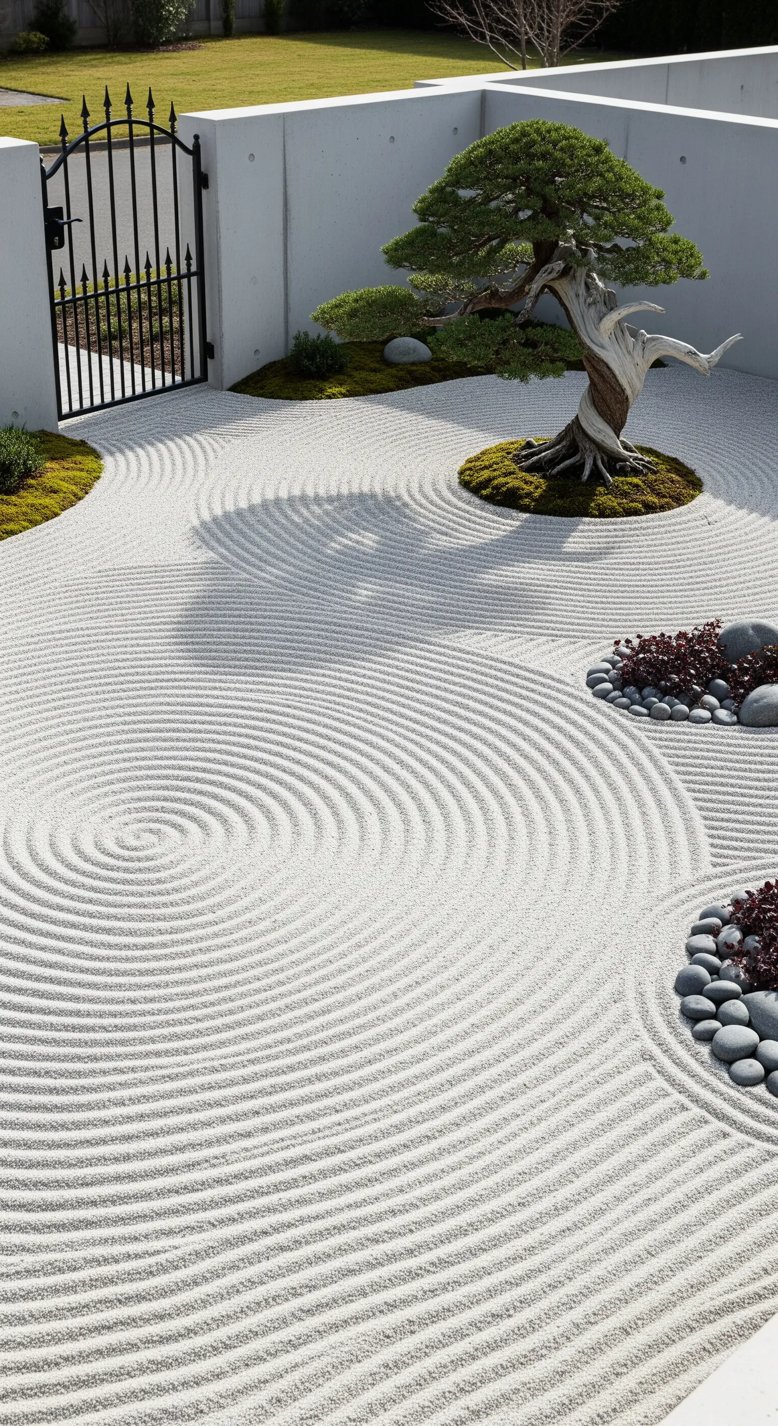 Großer Zen-Garten mit raketem Kies, Bonsai-Baum und Steinen