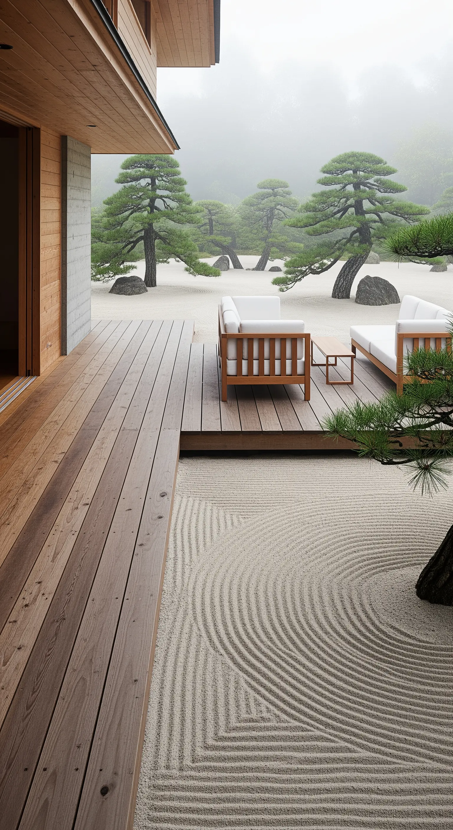 Spaziergang durch einen weiten Japandi Sandgarten mit Lounge und Kiefern