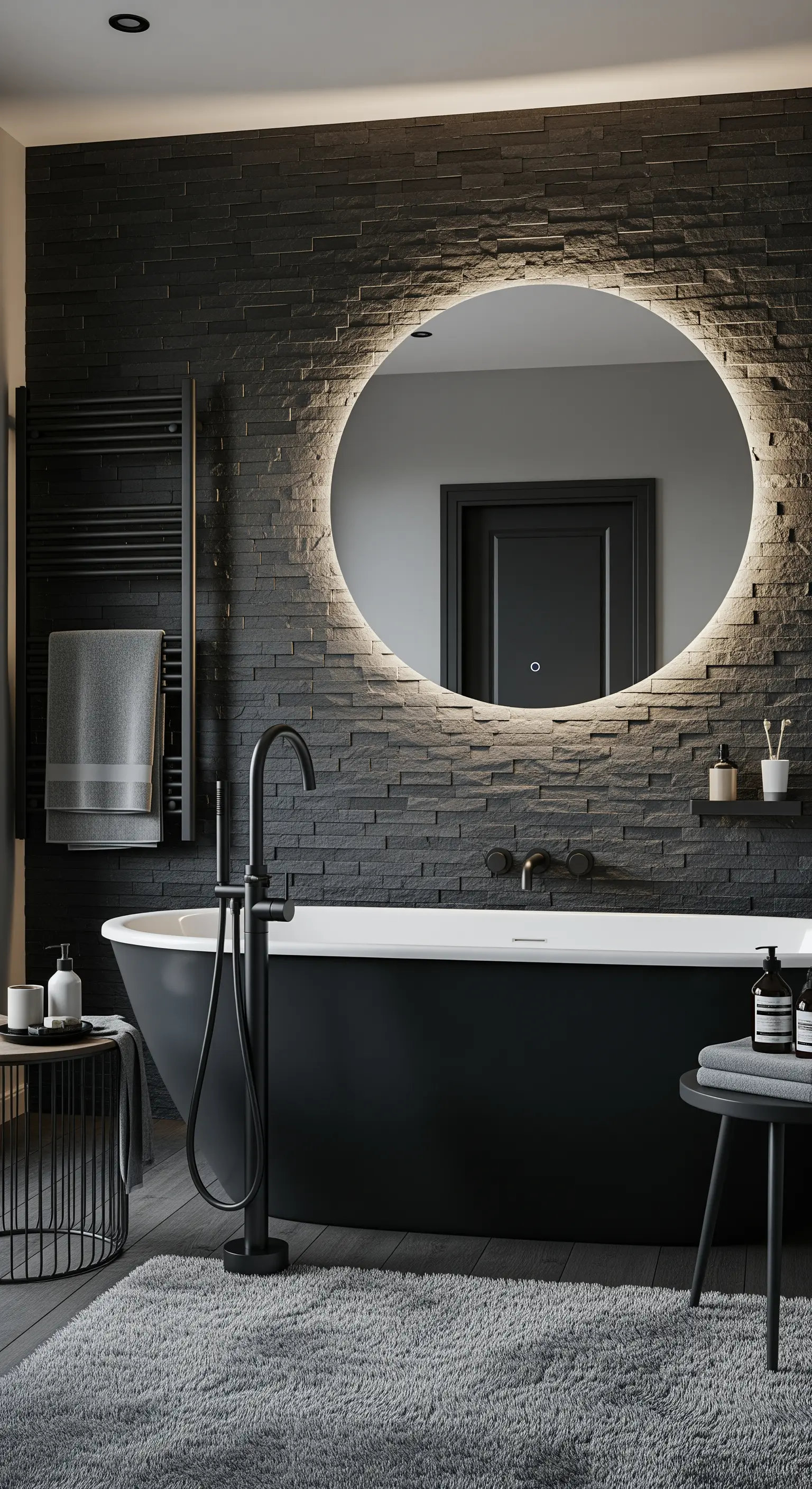 Dunkles Bad mit freistehender Wanne, beleuchtetem Spiegel und Schieferwand