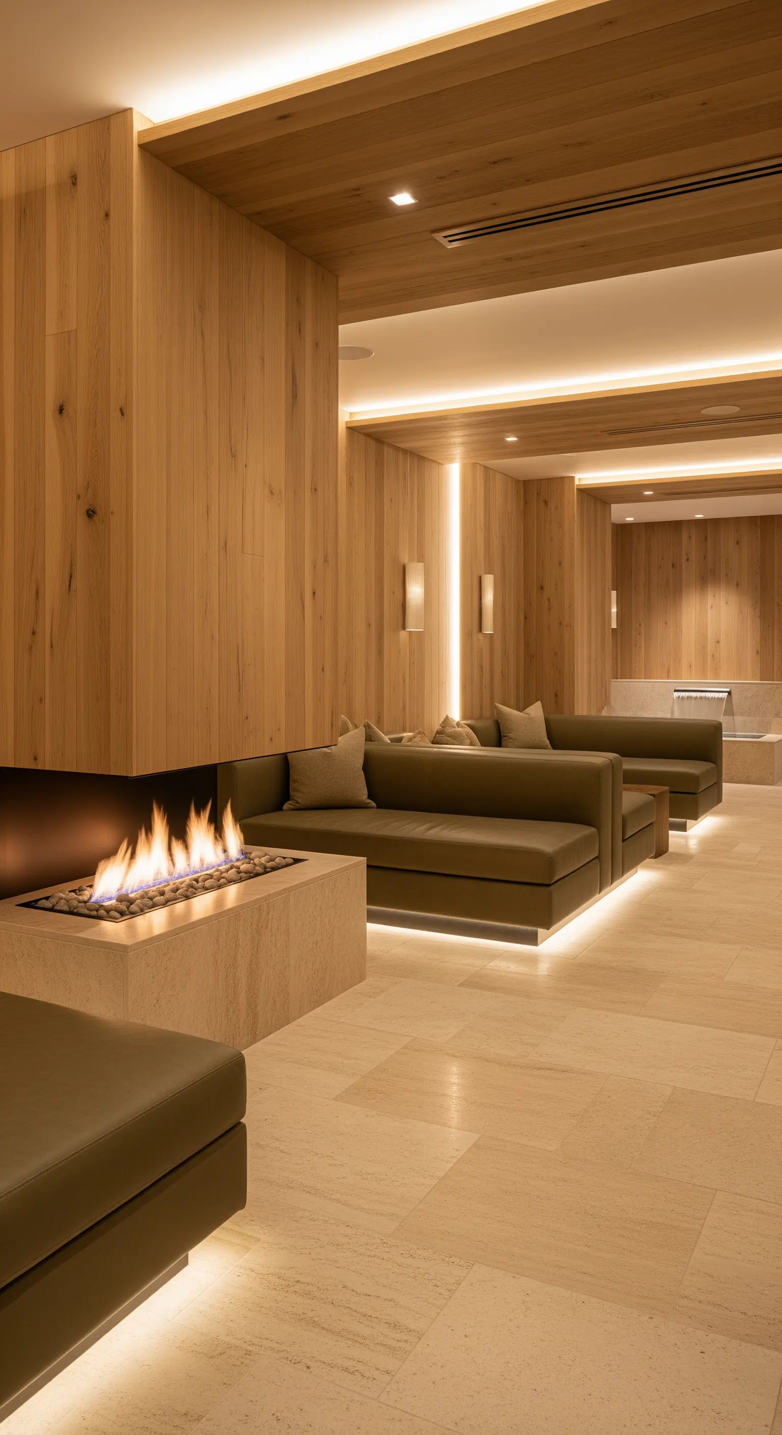Moderne Wellness-Lounge mit indirekter Beleuchtung, hellem Holz und minimalistischem Gaskamin.