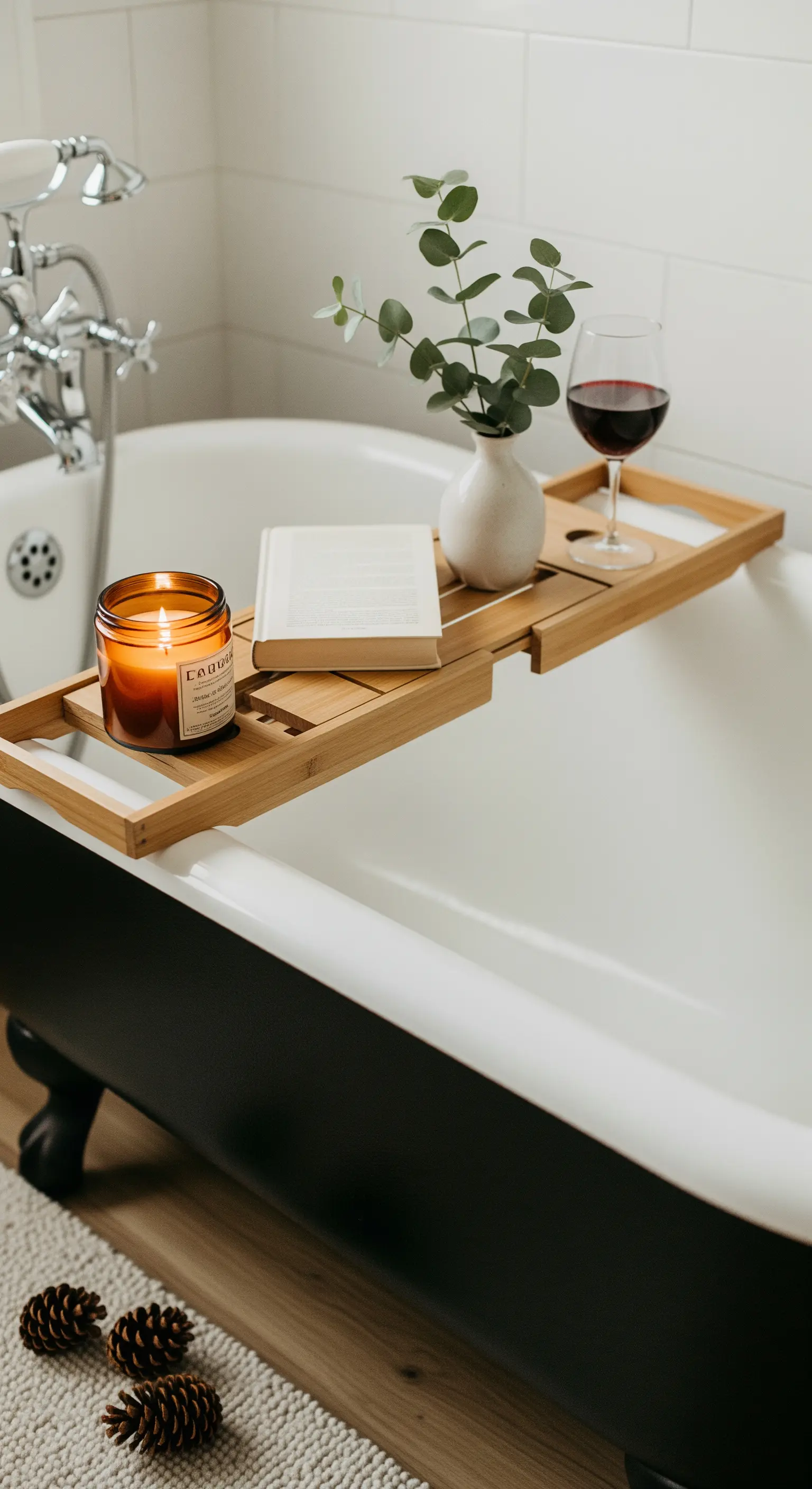 Badewannenablage aus Holz mit Kerze, Buch und Eukalyptus-Vase