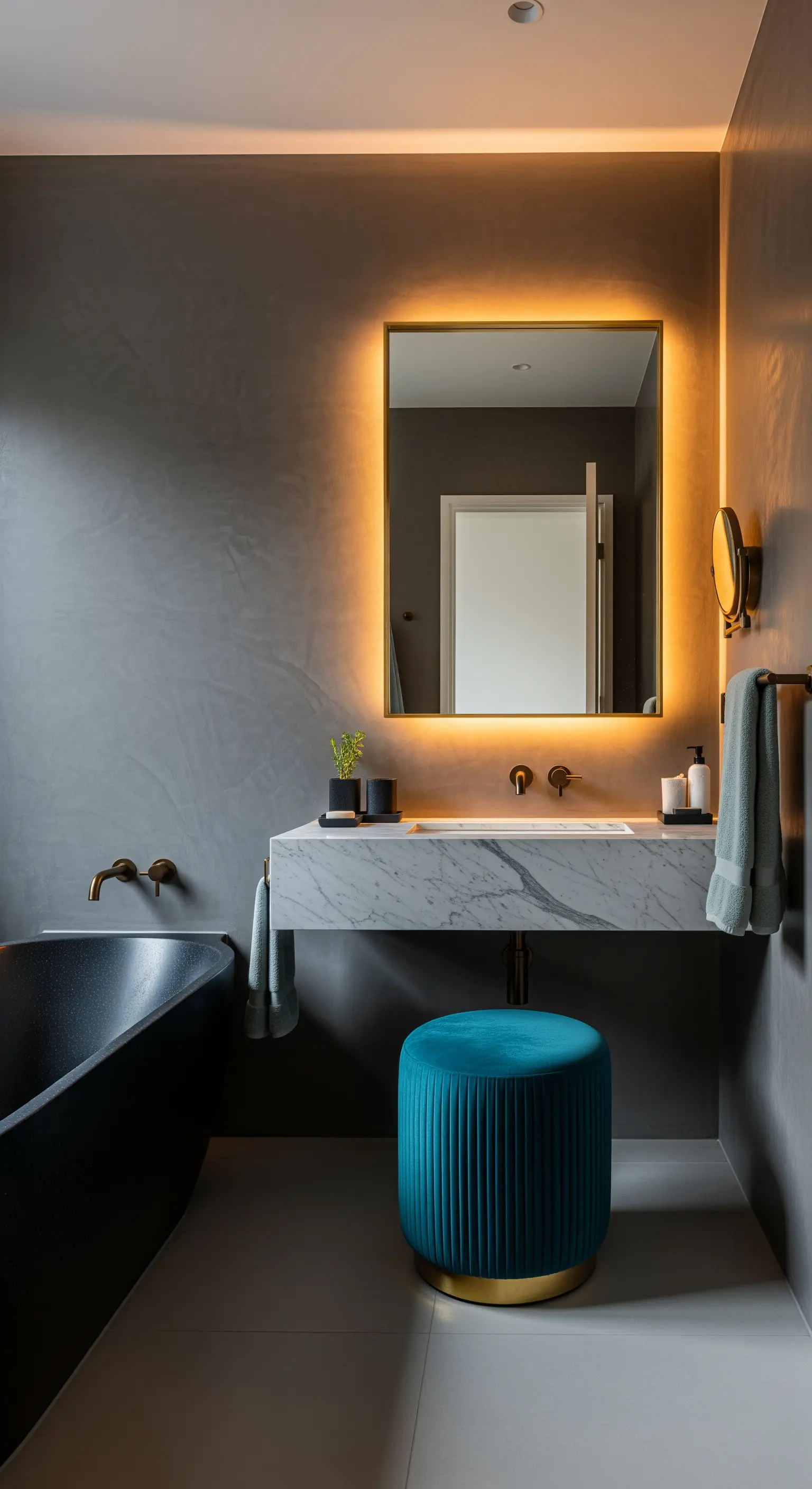 Modernes Badezimmer mit grauen Betonwänden, hinterleuchtetem Spiegel und einem Hocker in Petrol