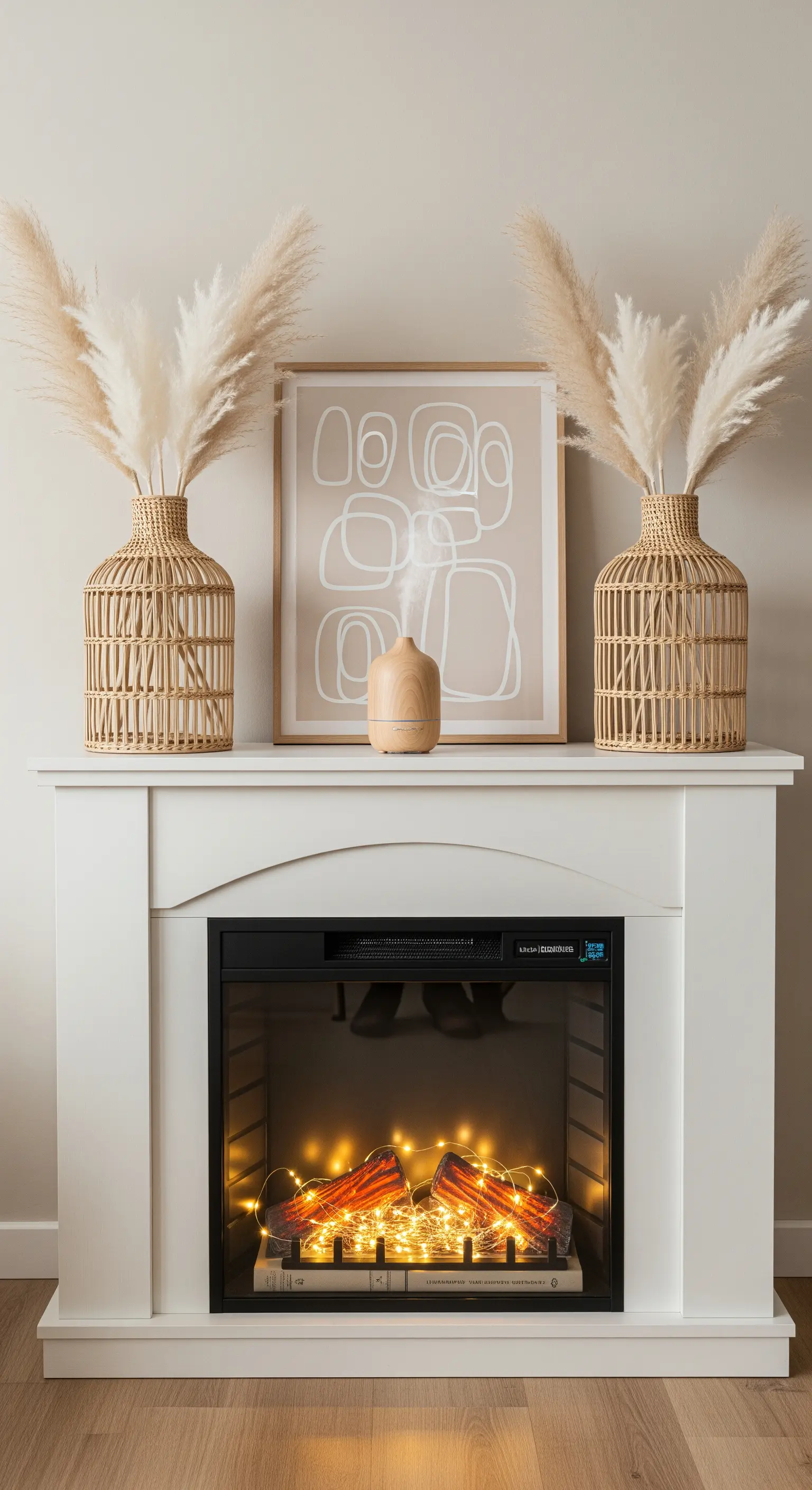 Weißer Kamin mit Aroma-Diffuser und Rattan-Vasen