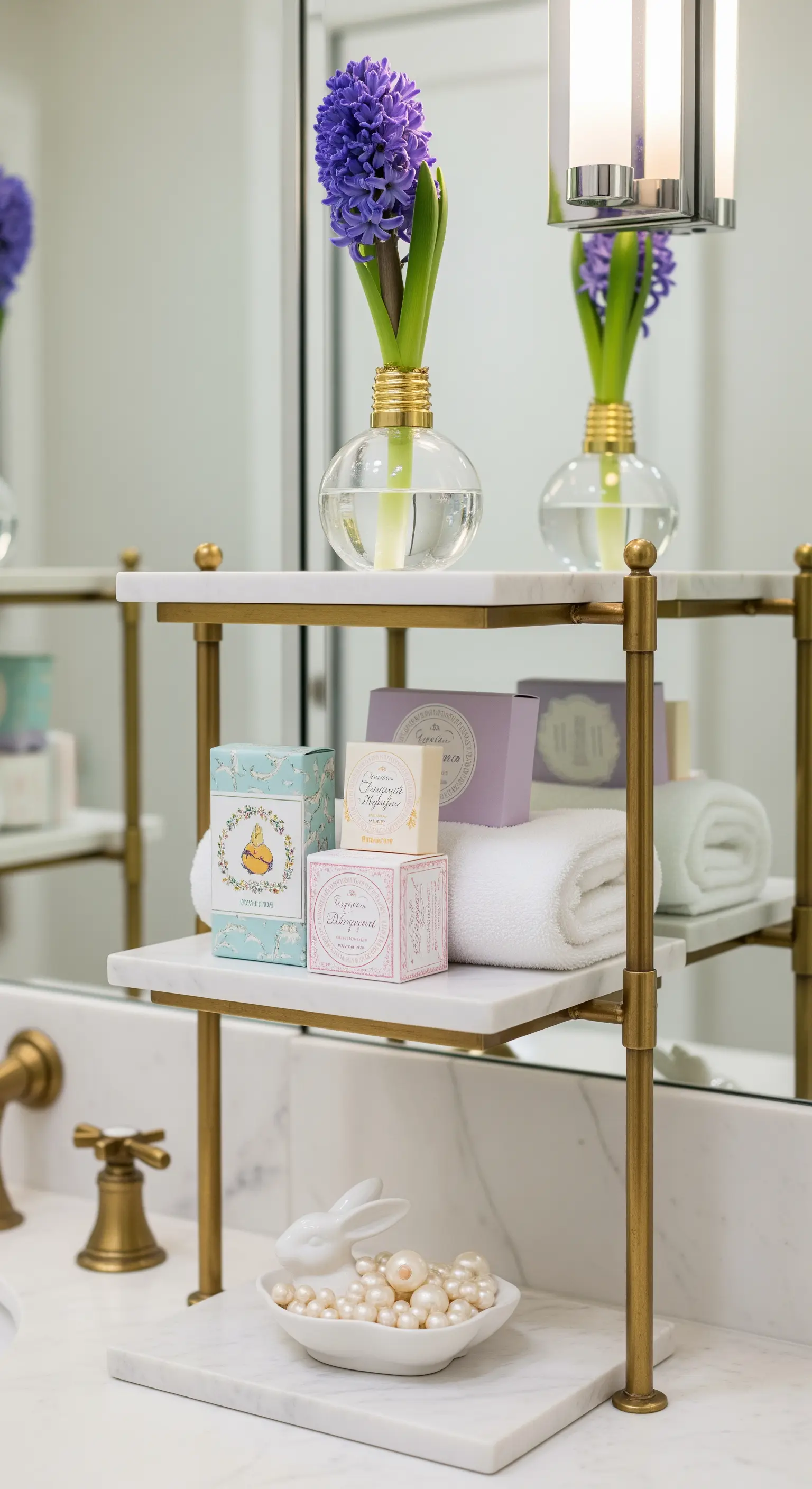 Etagere aus Marmor und Messing im Badezimmer mit Seifen und Hyazinthe