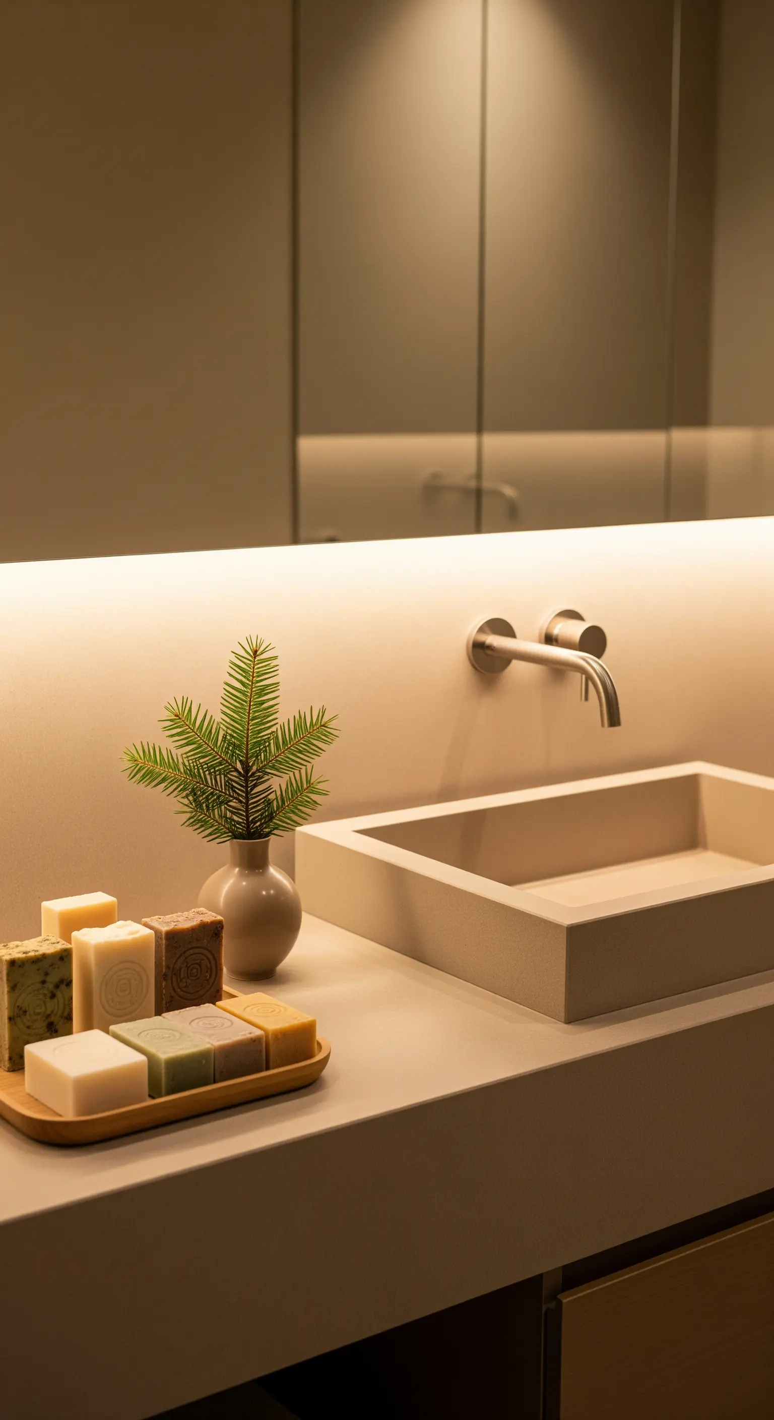 Badezimmer mit Waschbecken, Naturseifen und Kiefernzweig