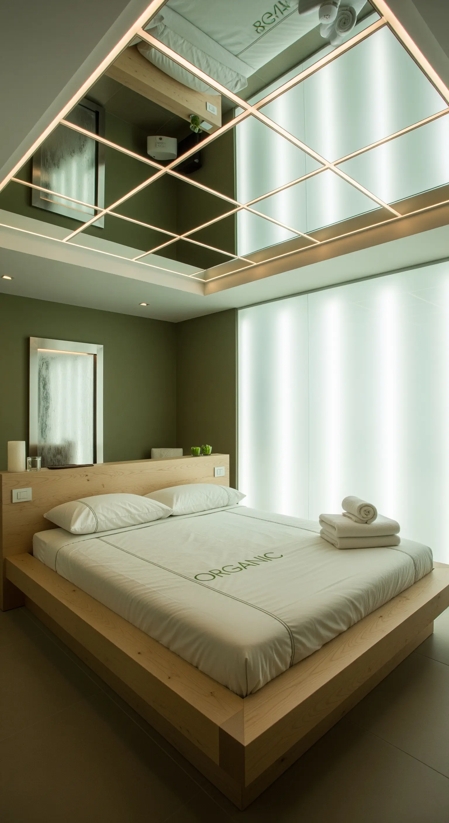 Minimalistisches Spa-Schlafzimmer mit hellem Holzbett, grünen Wänden und hinterleuchteter Wand.