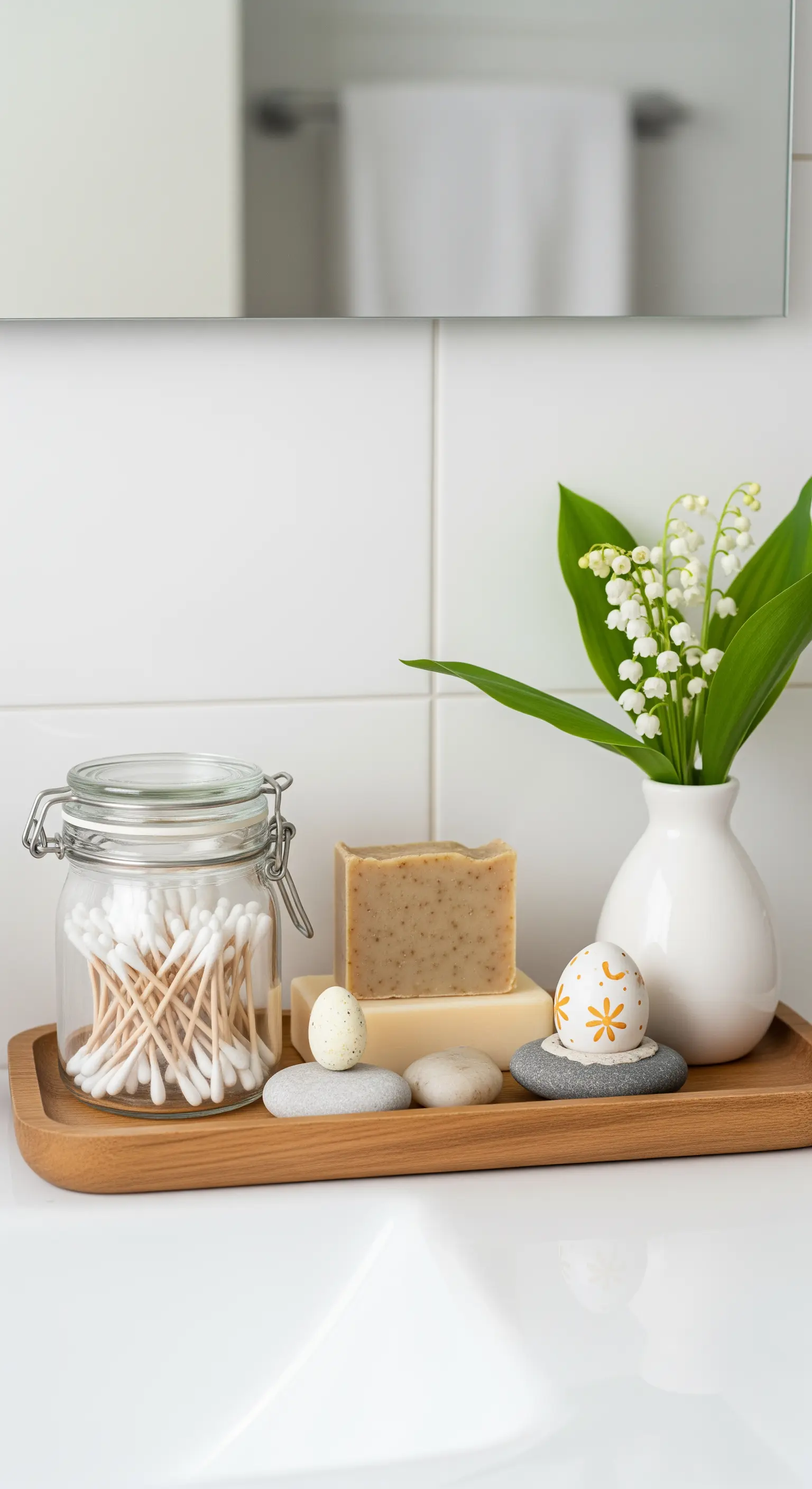 Badezimmertablett mit Seife, Maiglöckchen, Wattestäbchen und bemalten Ostereiern auf Steinen
