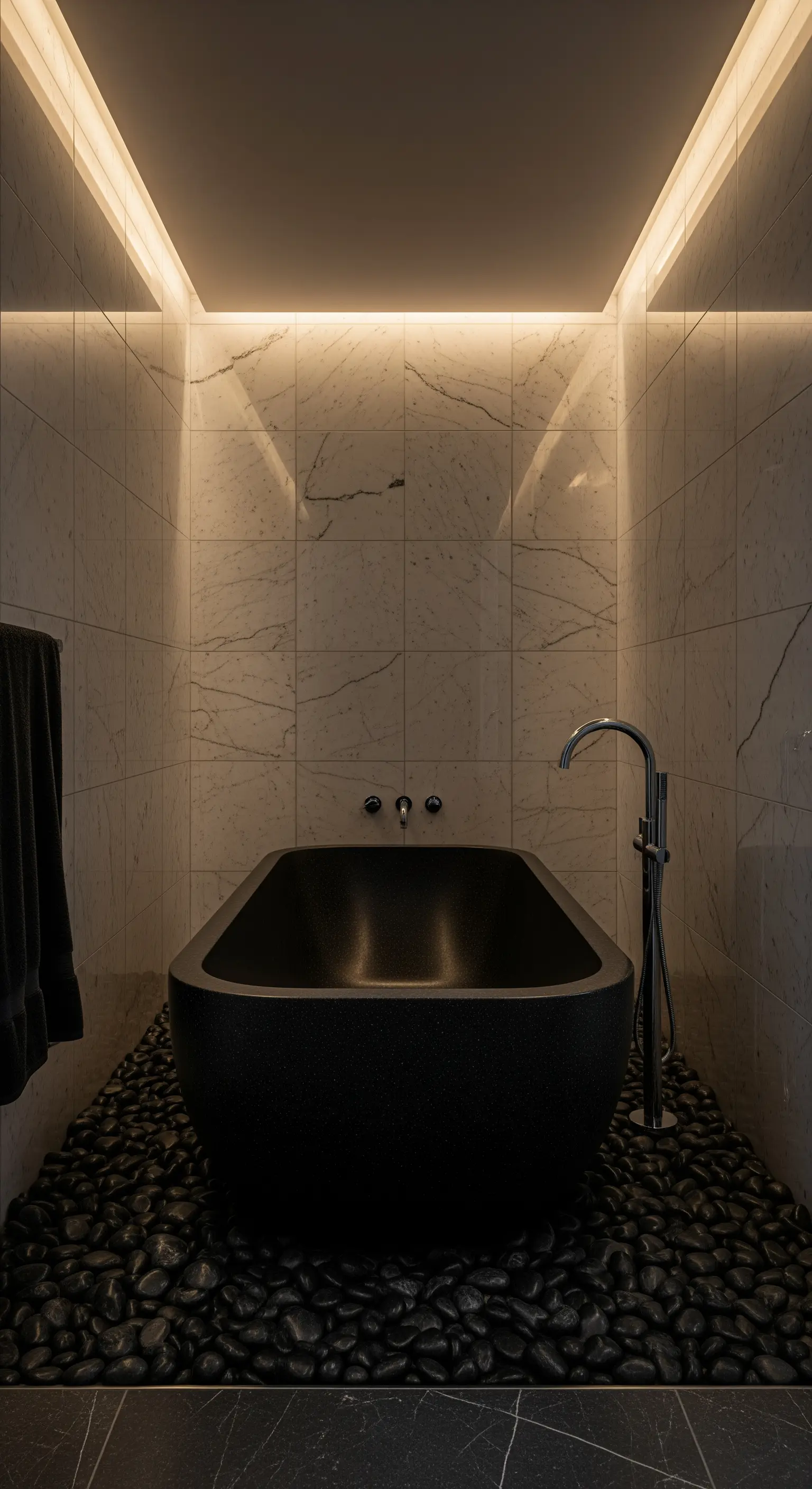 Badezimmer mit schwarzer Wanne, Kiesboden und indirekter Deckenbeleuchtung