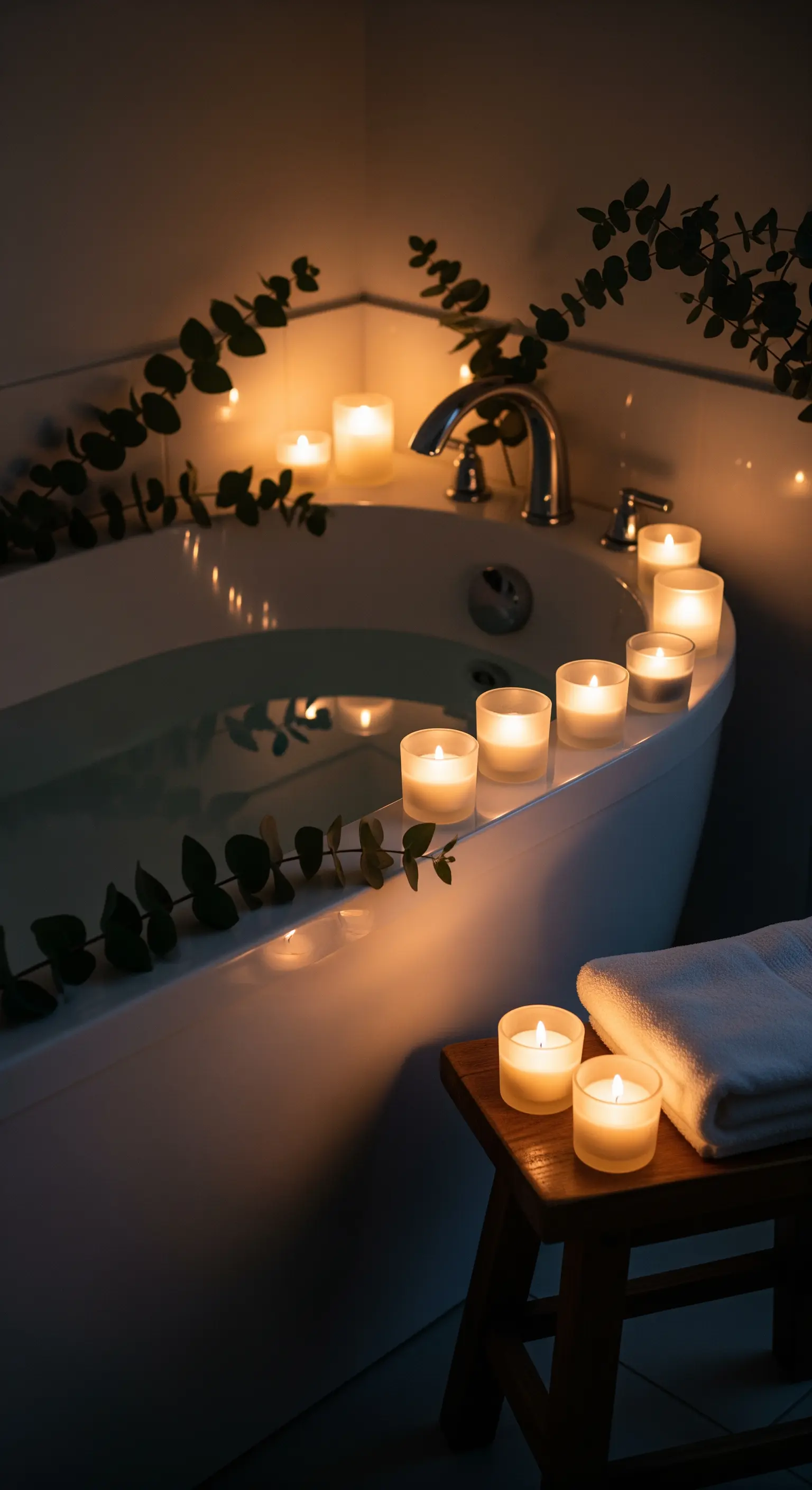 Viele kleine Kerzen am Rand einer Badewanne, dekoriert mit Eukalyptuszweigen.