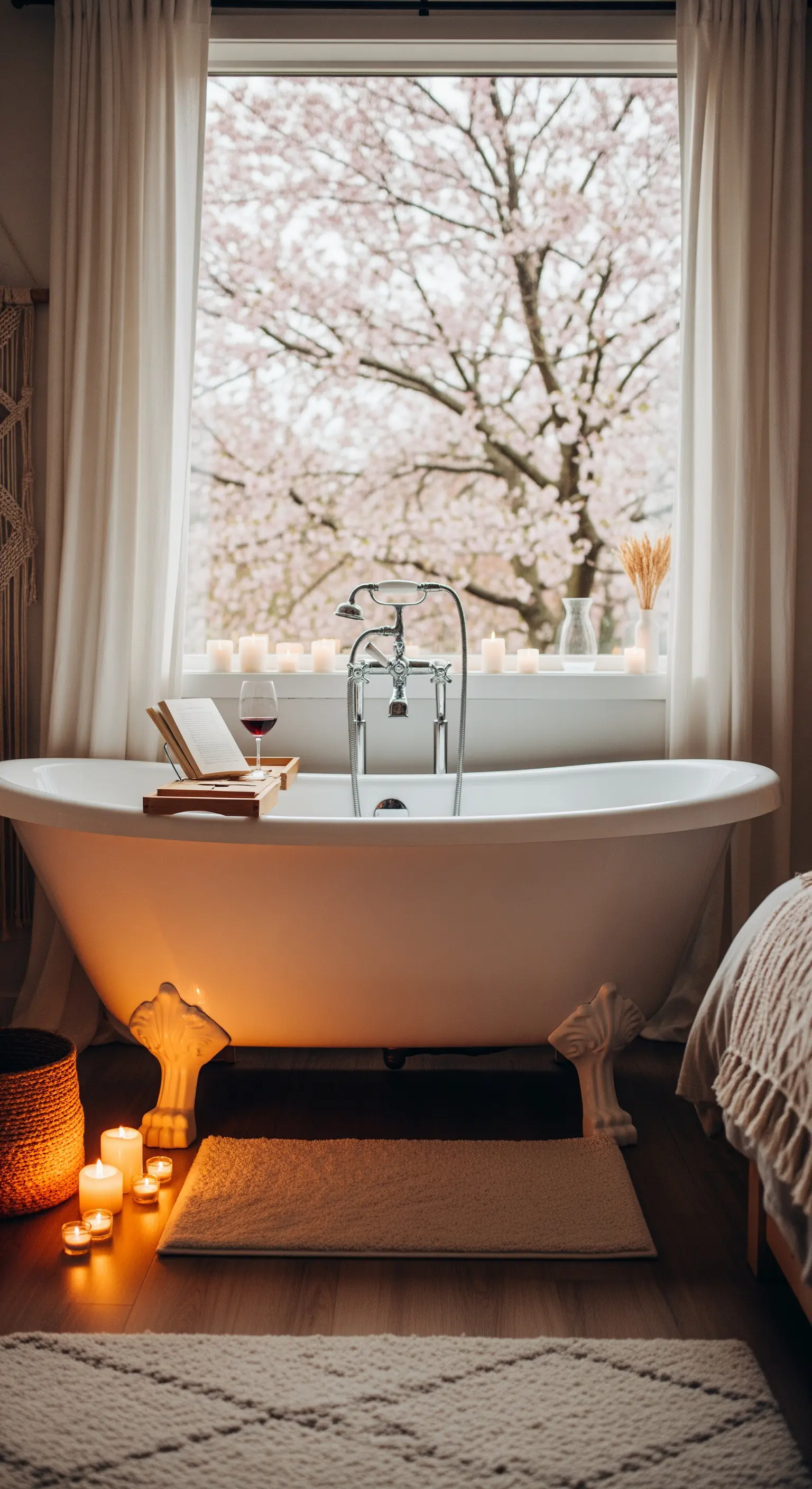 Freistehende Badewanne in einem Schlafzimmer vor einem Fenster mit blühenden Bäumen.
