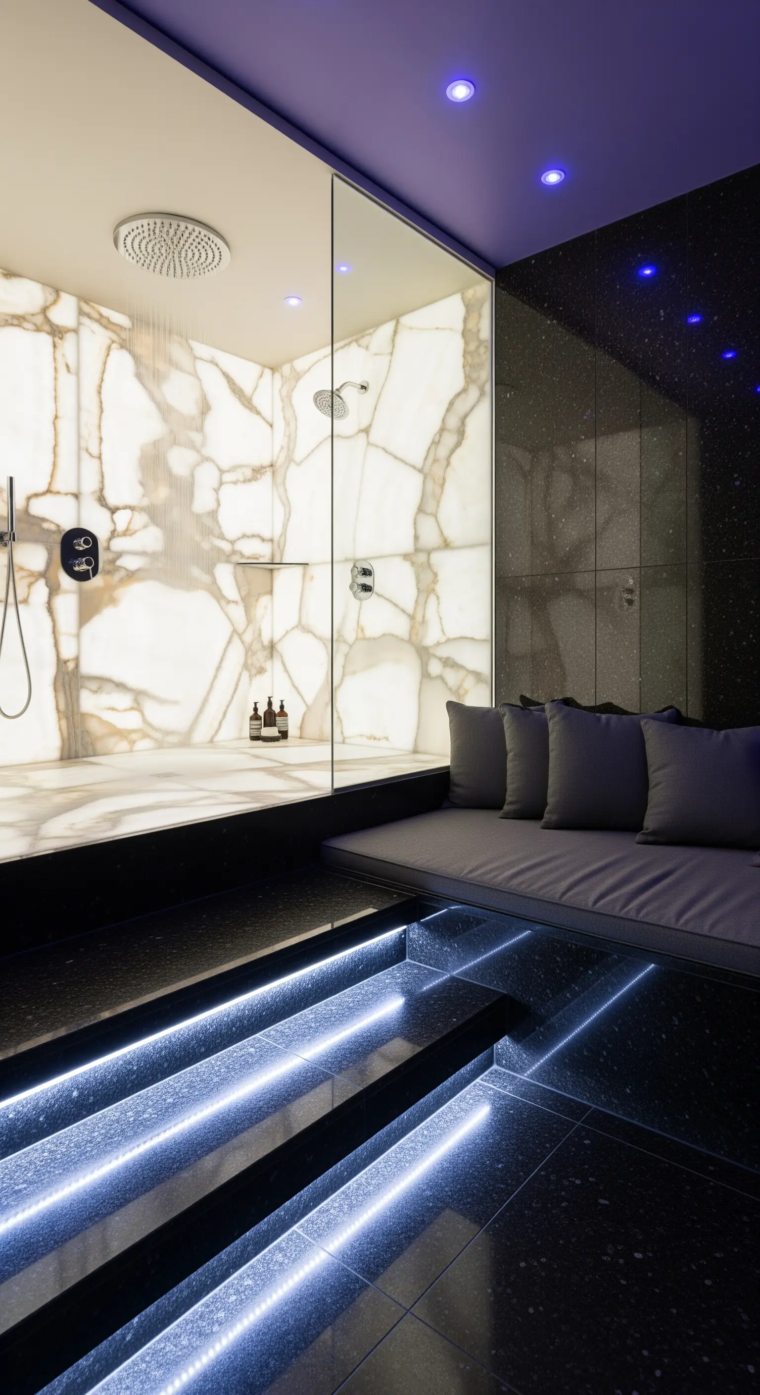 Helle Onyx-Duschwand, blaue LED-Stufenbeleuchtung, Sitzbank