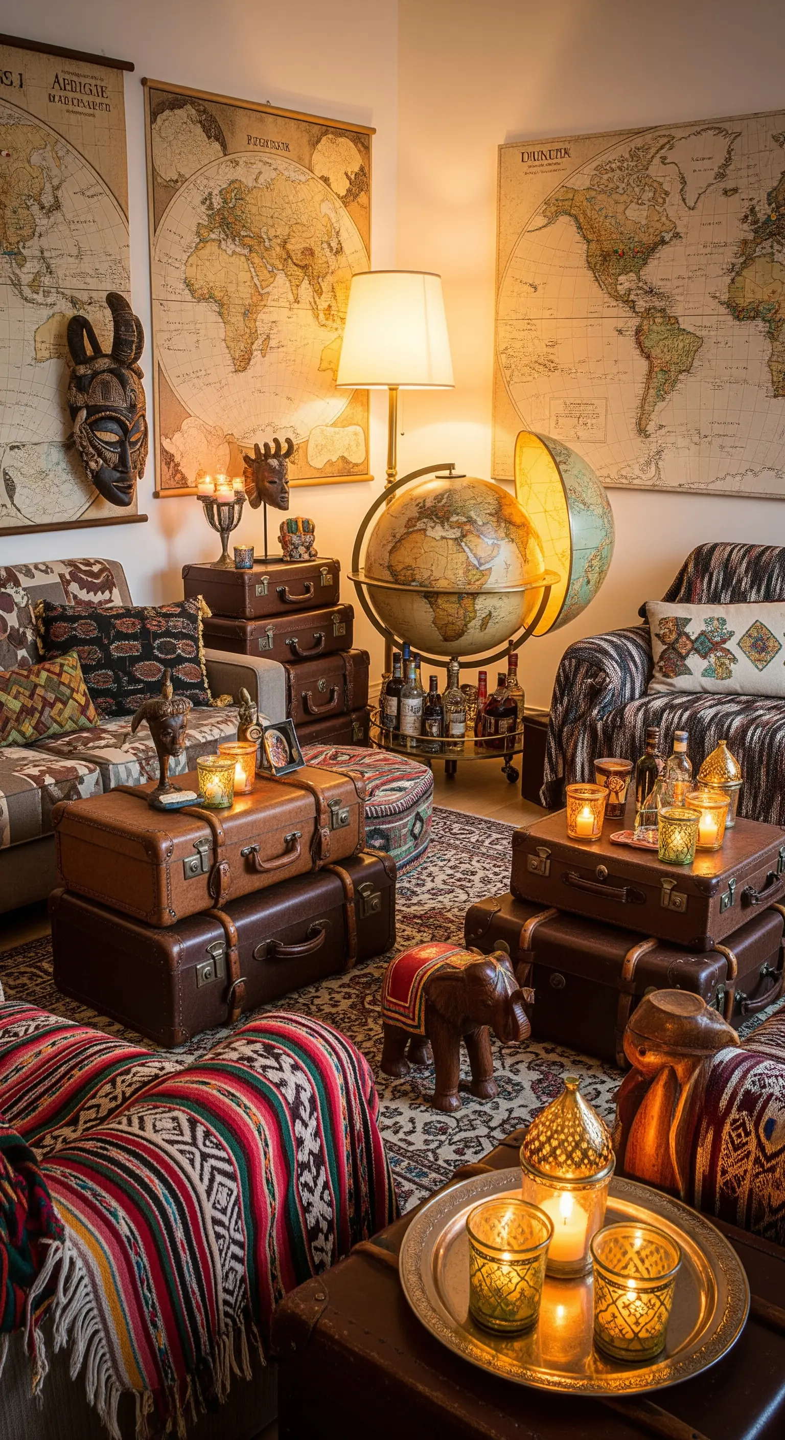 Stapel alter Koffer als Tisch, beleuchteter Globus und Landkarten an der Wand