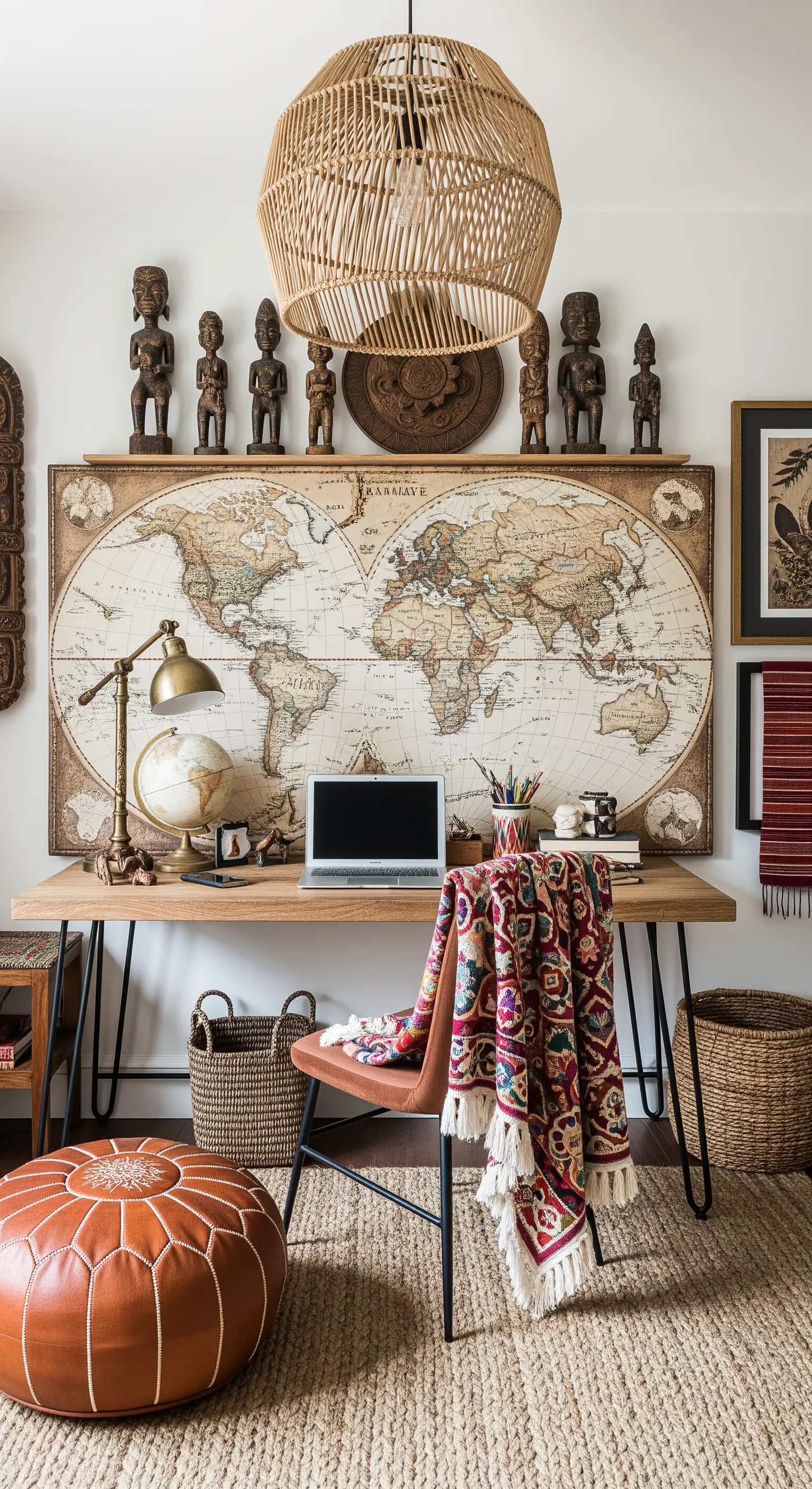 Boho-Homeoffice mit großer Weltkarte, Globus und ethnischen Deko-Objekten