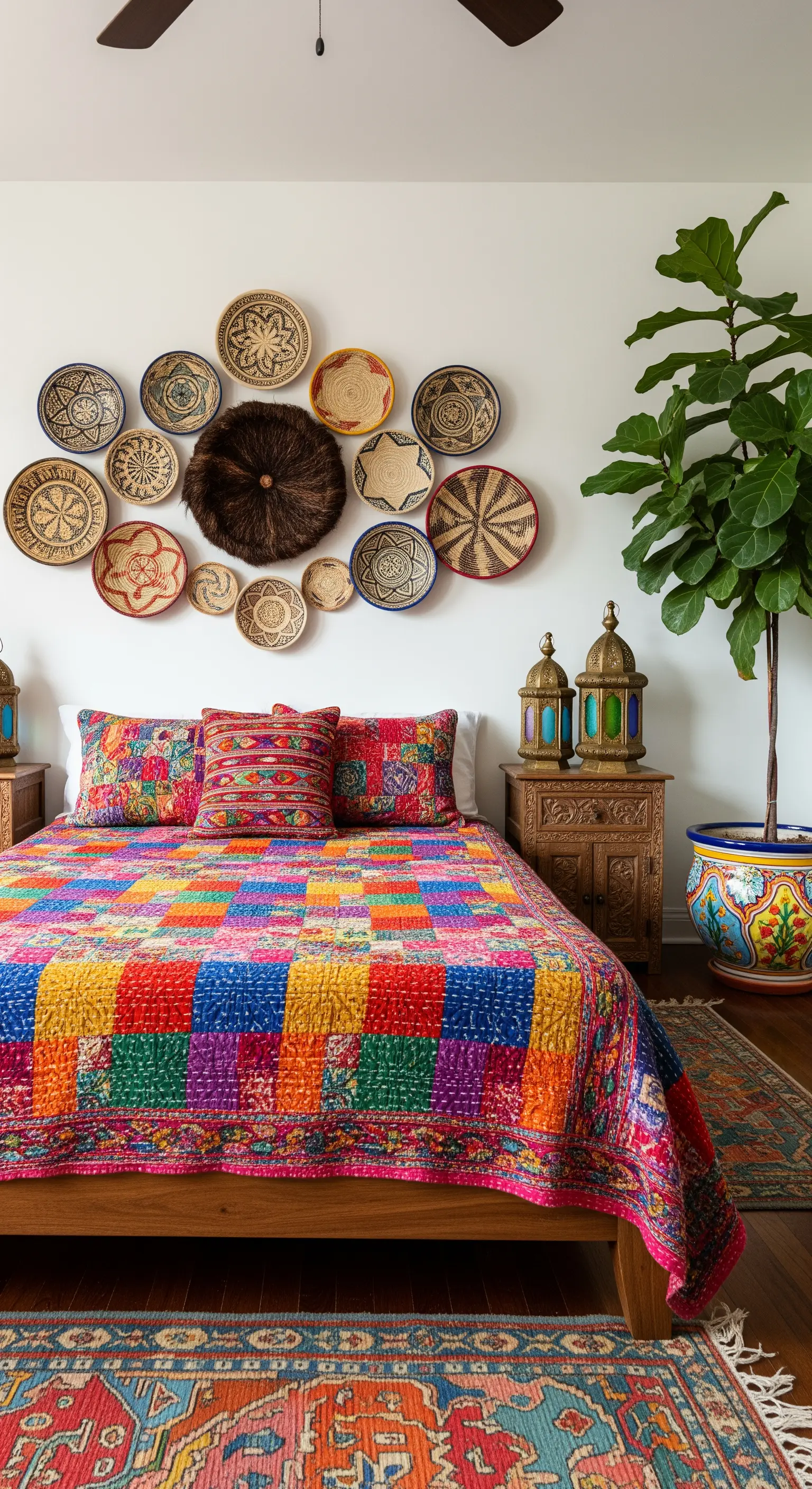 Wand über dem Bett, dekoriert mit einer Sammlung von geflochtenen Körben in verschiedenen Mustern